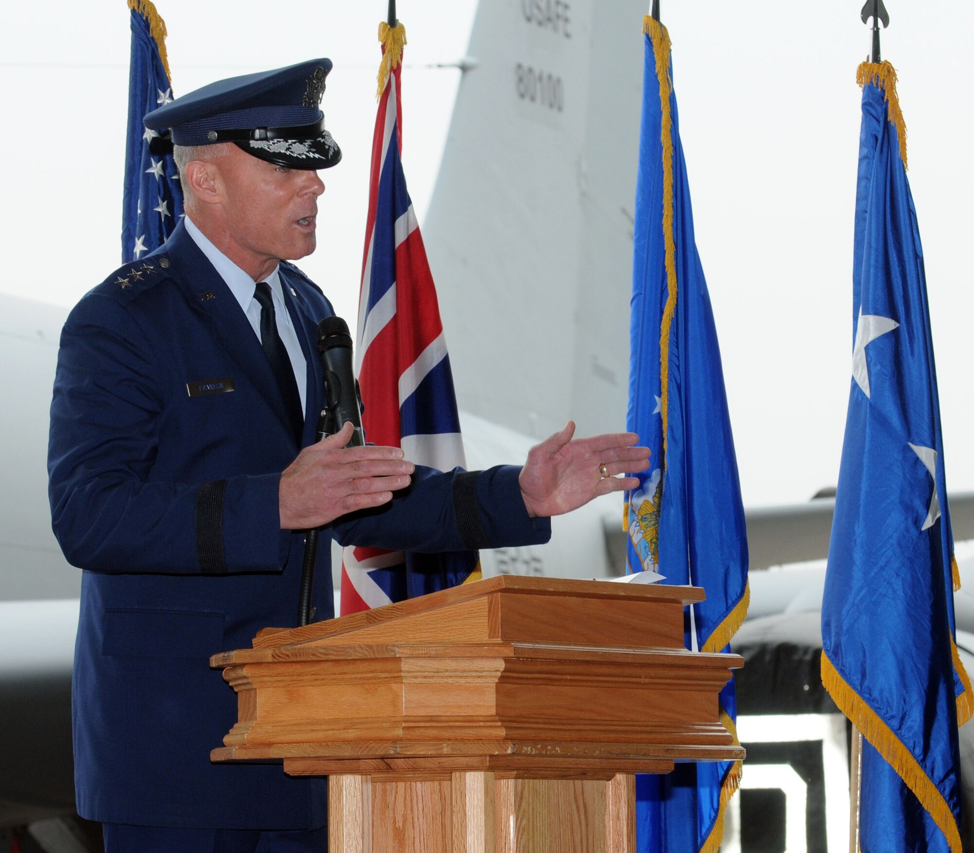 Lt. Gen. Craig Franklin, 3rd Air Force commander, Ramstein Air Base, Germany, speaks to Airmen during the 100th Air Refueling Wing change of command ceremony June 19, 2013, on RAF Mildenhall, England. During the ceremony, Col. Christopher Kulas, outgoing 100th ARW commander, relinquished command and Col. Kenneth T. Bibb Jr., 100th ARW commander, assumed authority.  (U.S. Air Force photo by Staff Sgt. Tabitha M. Lee/Released)