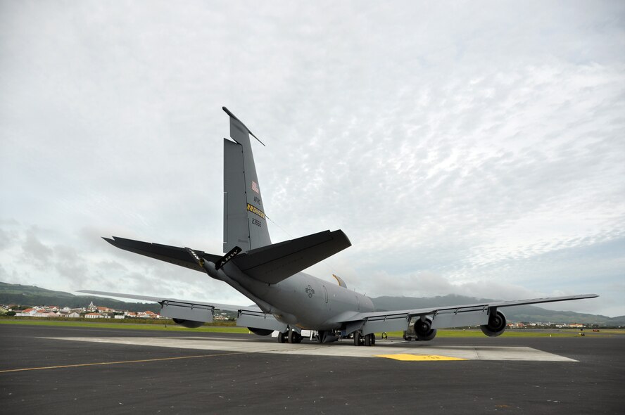 A KC-135 Stratotanker from the 459th Air Refueling Wing, Joint Base Andrews, Md., gets prepped before take-off, Lajes Field, Azores, June 12, 2013. The 459th ARW partnered with the Air National Guard and active duty on a mission to refuel fighter jets from European countries back to the U.S. (U.S. Air Force photo/Staff Sgt. Katie Spencer) 

 