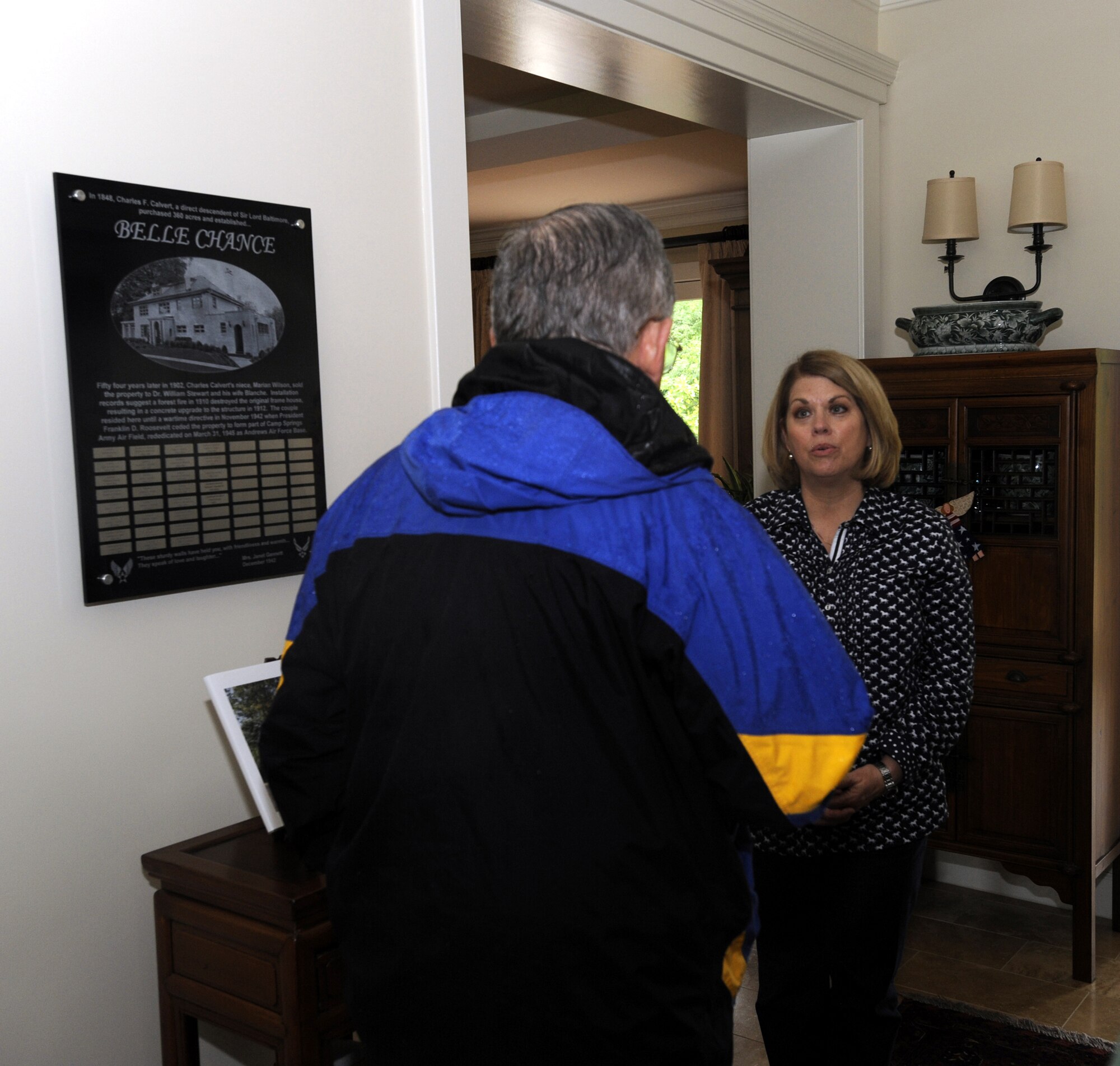 Sharon Gorenc , wife of Lt. Gen. Frank Gorenc, provides a tour of Belle Chance to the Darcey family descendants during a visit to their ancestral gravesites on June 7, 2013.  Belle Chance is located at Joint Base Andrews, Md., and is the home of the assistant vice chief of staff and director, Air Staff, Headquarters, U.S. Air Force. (U.S. Air Force photo/Aletha Frost)