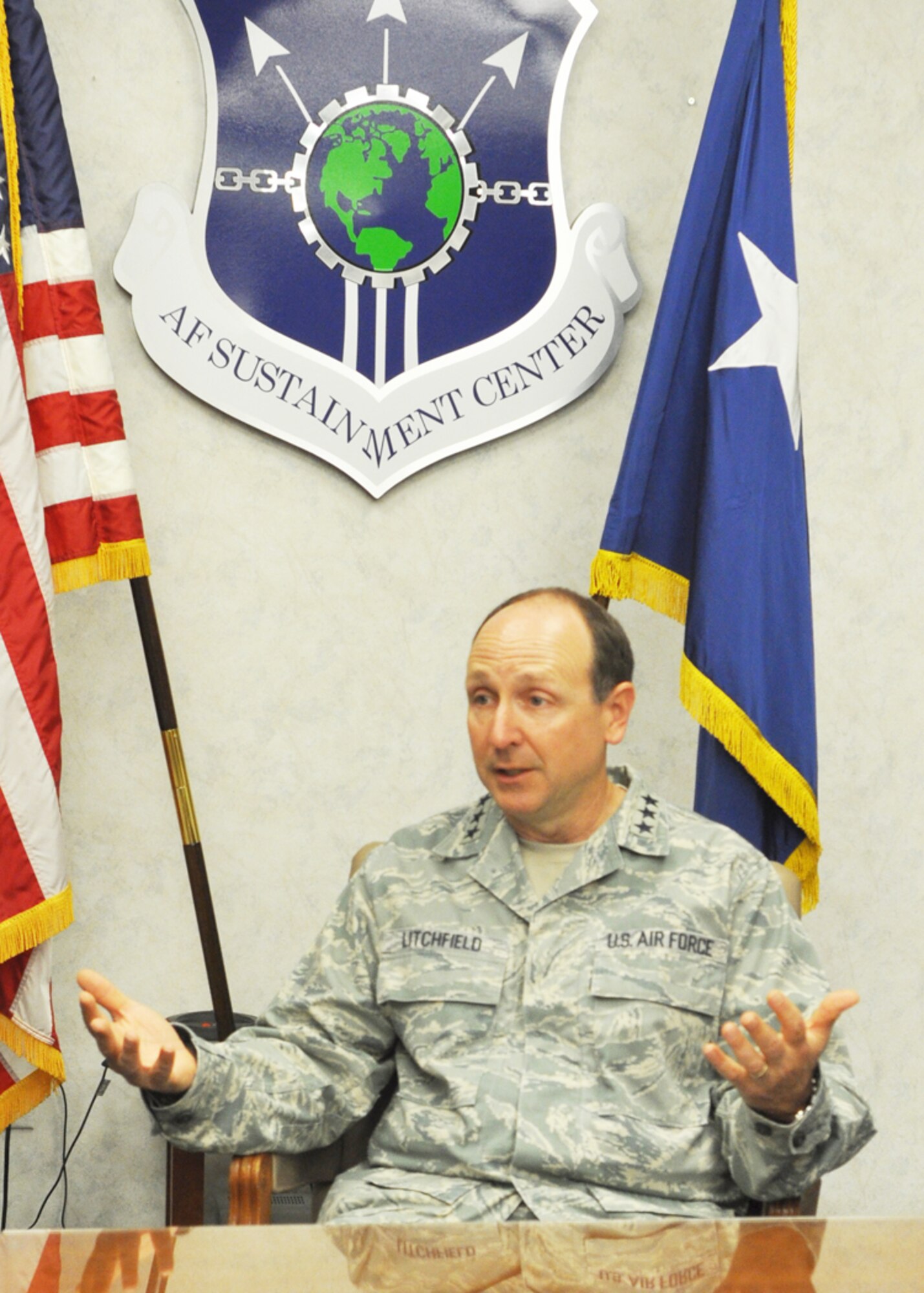 Lt. Gen. Bruce Litchfield, Air Force Sustainment Center commander, 
stresses the need for greater awareness of the problem sexual assault 
poses for all Airmen and the mission during an interview at Tinker Air Force Base, Okla., June 17, 2013. (U.S. Air Force photo by Micah Garbarino)

