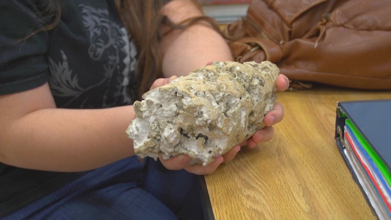 Students examined a lime rock core sample from the C-111 Spreader Canal project, part of the Comprehensive Everglades Restoration Plan (CERP). The sample has many holes, almost like Swiss cheese, and illustrates one of the challenges of Everglades restoration – keeping the water in the natural areas, when water moves quickly underground. 