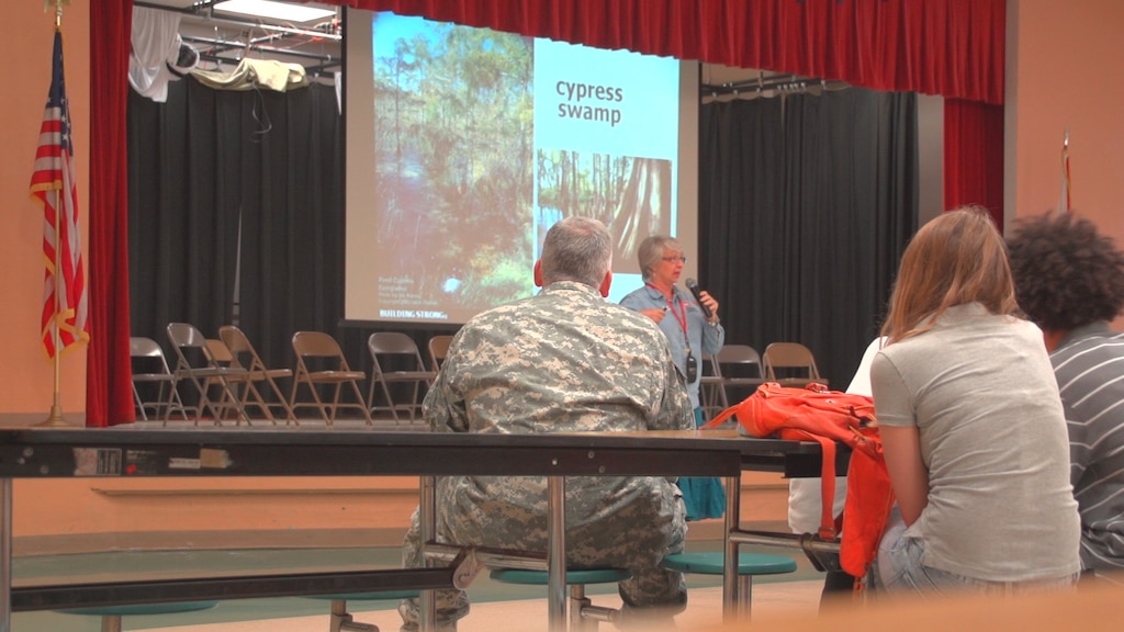 Outreach program specialist and former middle school teacher Erica Skolte spoke to eighth grade students at Polo Park Middle School about what the Everglades were like prior to being altered by man. 