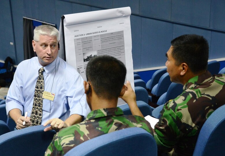 Mr. Drew Benziger (USACE) leads a work group discussion during the 2013 Indonesia Pacific Resilience Table-Top Exercise.