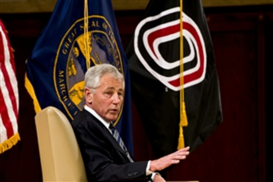 Defense Secretary Chuck Hagel responds during a question-and-answer session with students from the University of Nebraska-Omaha in Omaha, Neb., June 19, 2013. 