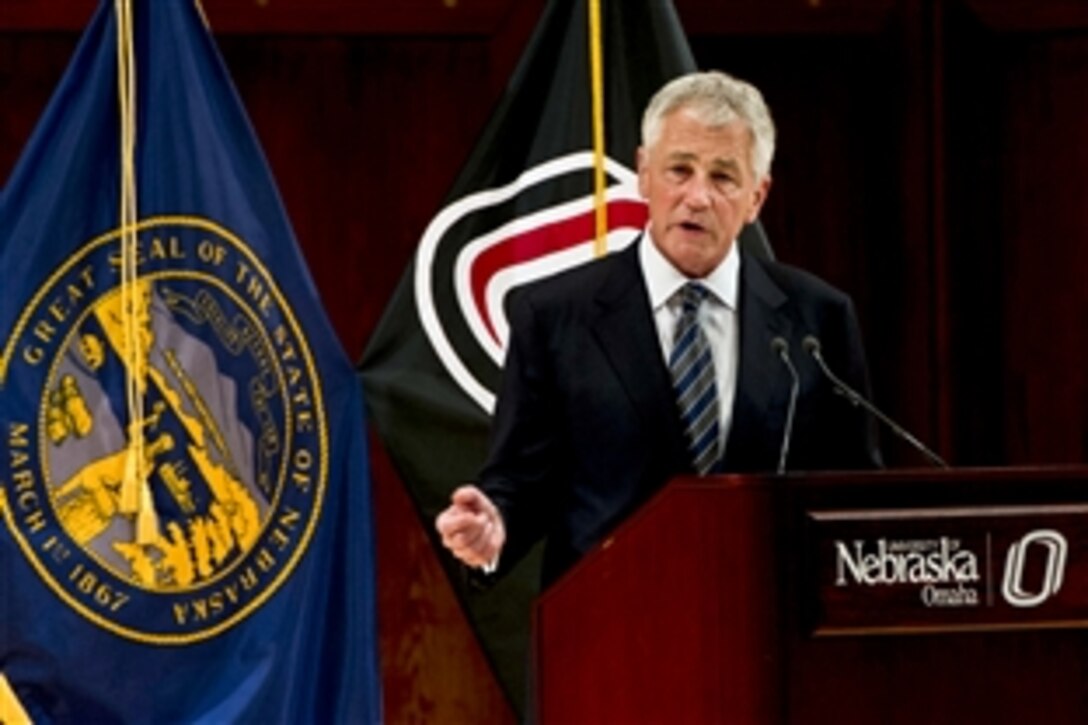 Defense Secretary Chuck Hagel delivers remarks at his alma mater, the University of Nebraska-Omaha, in Omaha, Neb., June 19, 2013. Hagel discussed the new nuclear arms posture that President Barack Obama described while in Berlin earlier in the day and how the U.S. Strategic Command will help implement the changes.