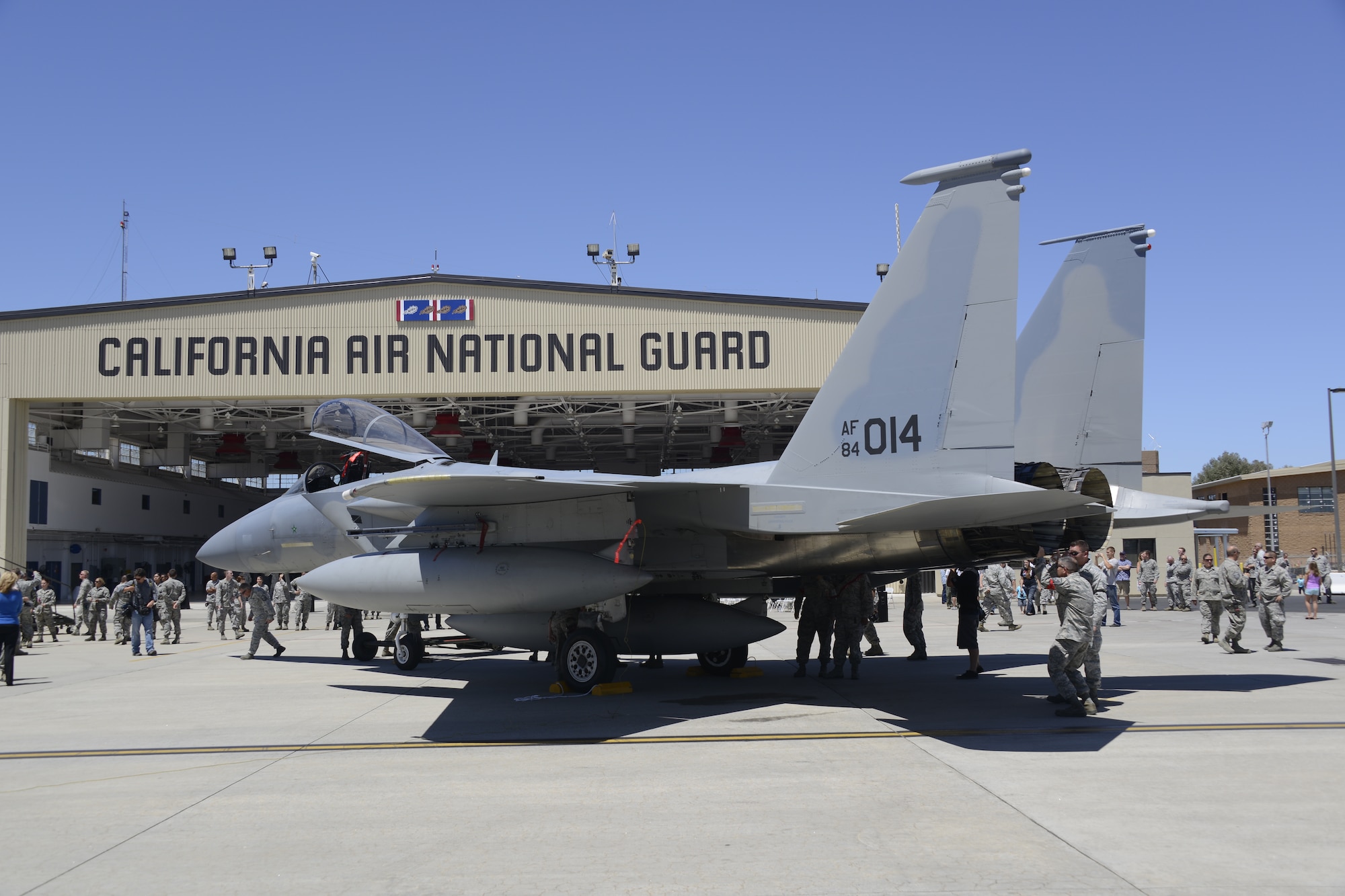 A U.S. Air Force F-15 Eagle sits on the ramp at the 144th Fighter Wing during a ceremony to welcome the first F-15 Eagle to the Fresno Air National Guard Base, Calif., June 18, 2013. This F-15 is the first of several F-15s that will join the unit as part of the 144th Fighter Wing's conversion from F-16 Fighting Falcon to the F-15 Eagle. (Air National Guard photo by Tech. Sgt.Charles Vaughn) 