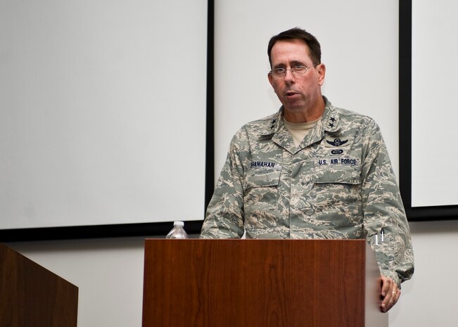 Maj. Gen. John Shanahan, Air Force Intelligence, Surveillance and Reconnaissance Agency commander, speaks at the Boyd Hall re-dedication ceremony June 13, 2013, at Nellis Air Force Base, Nev. Shanahan researched the work and legacy of Col. John Boyd, reached out to the family, friends, colleagues, and developed all of the display items that hung on the walls for the original Boyd Hall dedication in 1998. Shanahan was a colleague of Boyd’s and was the Weapons School Support Division commander. (U.S. Air Force Photo by Airman 1st Class Jason Couillard)