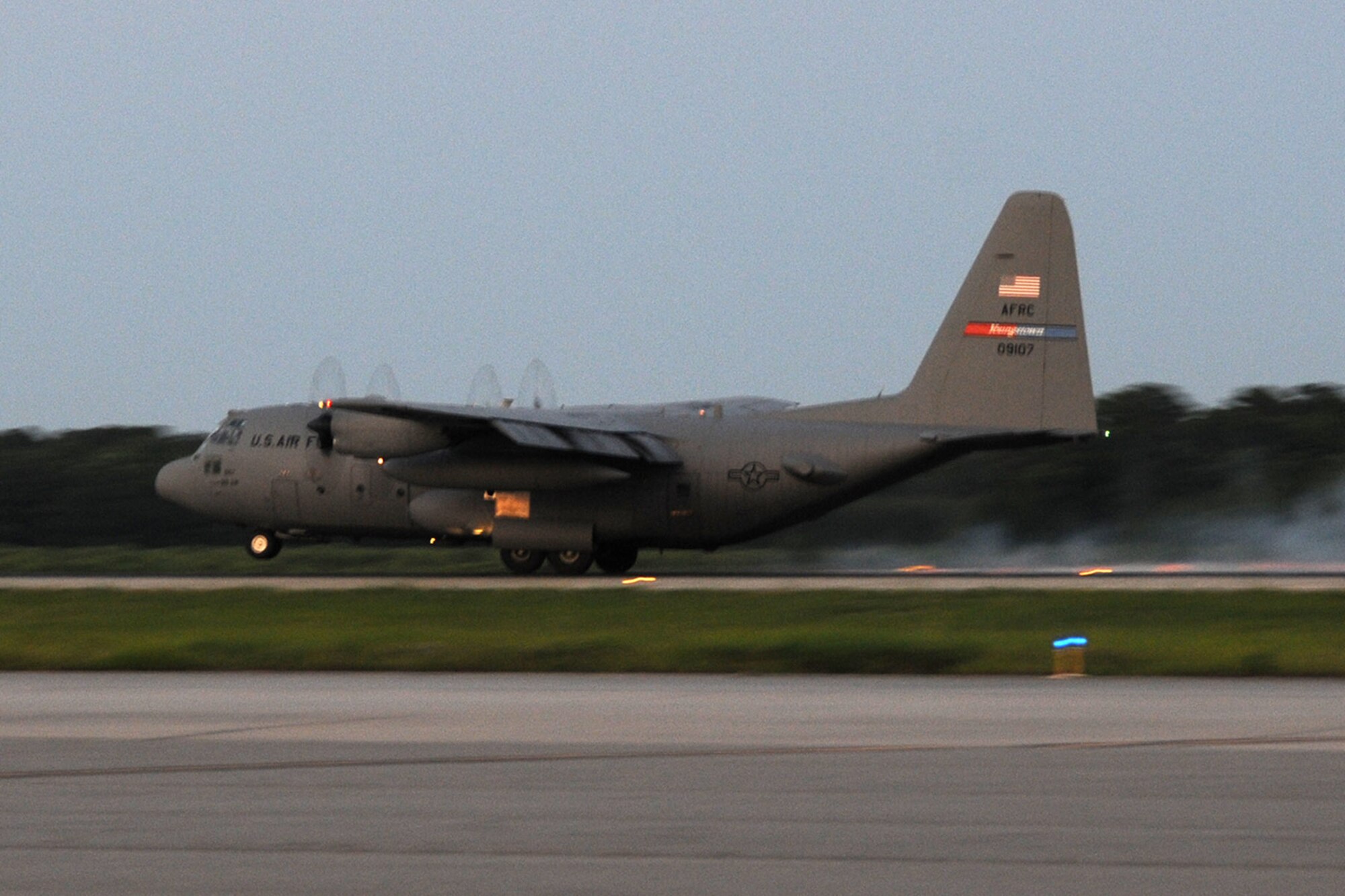 Joint Base Charleston – Air Base, S.C. -- A specially-modified Air Force Reserve C-130 Hercules tactical cargo aircraft, assigned to the 910th Airlift Wing, based at Youngstown Air Reserve Station, Ohio, lands on the runway here, June 15, 2013. The aircraft and crew, part of the 910th’s Aerial Spray Unit, just concluded spray operations at the Joint Base’s Naval Weapons Station to control the population of the disease-carrying pest insects at the installation. The 910th’s 757th Airlift Squadron is home to the Department of Defense’s only large-area, fixed-wing aerial spray capability. U.S. Air Force photo by Tech. Sgt. Rick Lisum.