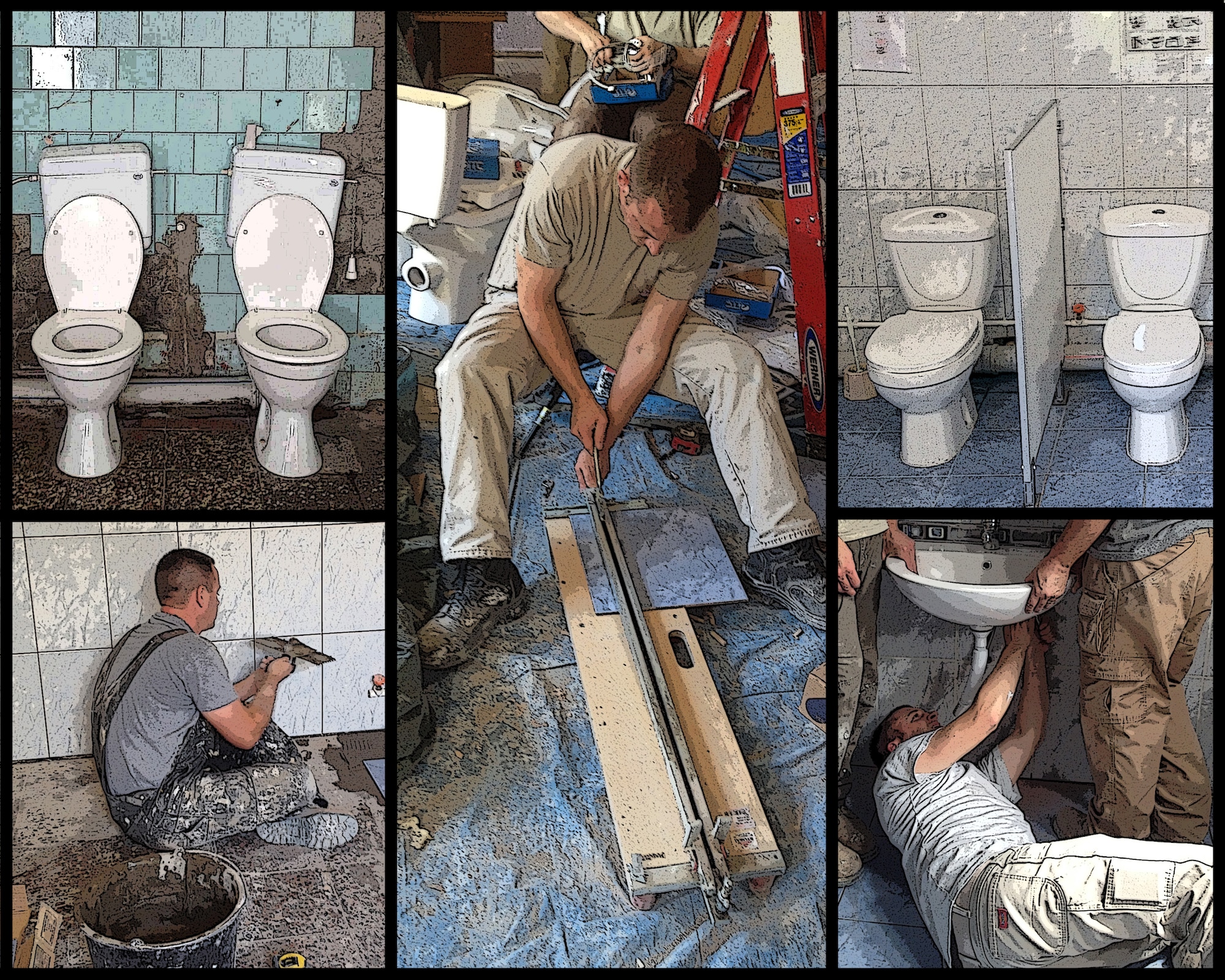 The 435th Construction and Training Squadron military construction flight completed a humanitarian-assistance renovation project in the country of Georgia. The nine-member team spent 54 days in country renovating restrooms for a kindergarten. The Airmen installed 25 new sinks and toilets, re-tiled the rooms, textured and painted the walls, installed new windows and doors, replaced old plumbing, and added water heaters to each room along with newly rewired light fixtures and receptacles. (U.S. Air Force photo illustration / 1st Lt. Kay M. Nissen)