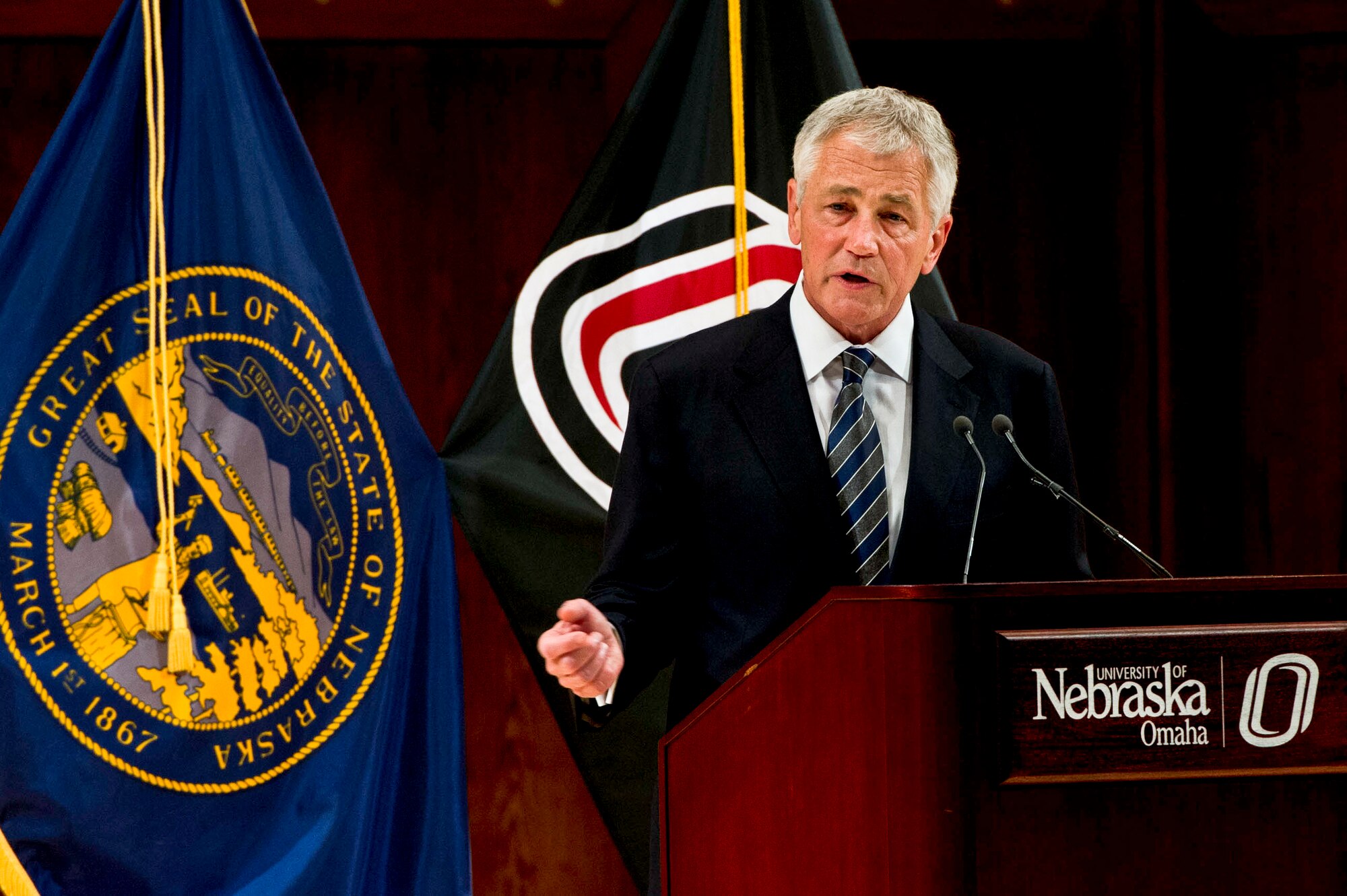 Defense Secretary Chuck Hagel delivers remarks at his alma mater, the University of Nebraska-Omaha, in Omaha, Neb., June 19, 2013. Hagel discussed, among other topics, how the Defense Department is adapting the nation’s military to operate in a world that’s undergoing far-reaching geopolitical, technological and economic change. (DOD photo by Erin A. Kirk-Cuomo)   
