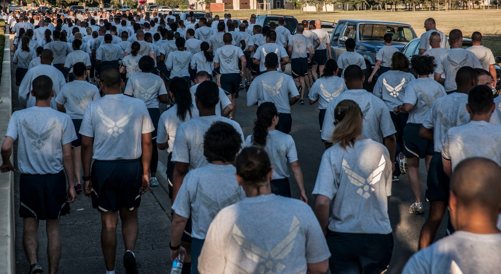 Members of Team Incirlik set their pace during a wing run June 19, 2013, at Incirlik Air Base, Turkey. The run was the kick-off event for the Sexual Assault Prevention and Response stand-down day at Incirlik, though the SAPR down-day will be observed by the entire Department of Defense, spread over several days. (U.S. Air Force photo by Senior Airman Anthony Sanchelli/Released)
