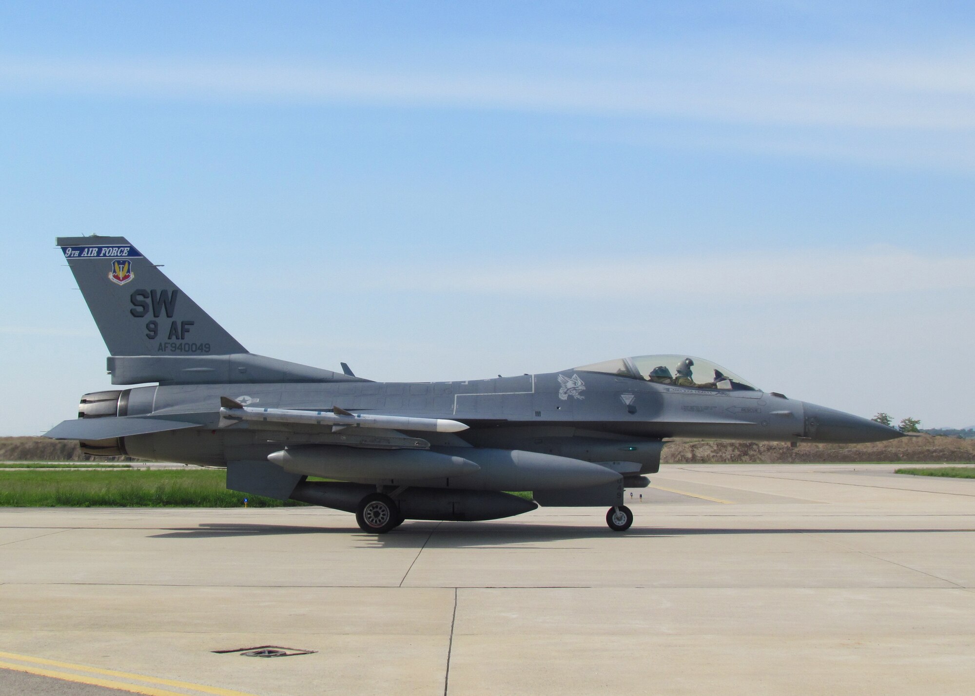 An F-16 Fighting Falcon from Shaw Air Force Base, S.C., taxis on the flight line at Osan Air Base, Republic of Korea, June 1, 2013. The F-16 arrived at Osan as part of the theater support package, a continuous fighter and maintenance unit rotation to Osan and Kunsan Air Bases. The current TSP rotation consists of approximately 350 Airmen in the maintenance and operations career fields. (Courtesy Photo)