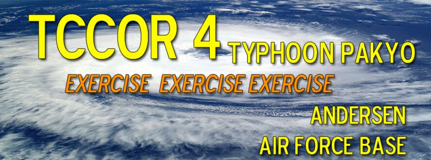 Team Andersen, Naval Base Guam, Joint Region Marianas and Government of Guam agencies participated in a joint typhoon exercise which started June 14, 2013, on Andersen Air Force Base, Guam. The base is always in Tropical Cyclone Condition of Readiness 4, the lowest TCCOR level which means destructive winds could hit within 72 hours due to its location in the tropical waters of the Pacific Ocean. (U.S. Air Force graphic by Airman 1st Class Adarius Petty/Released)