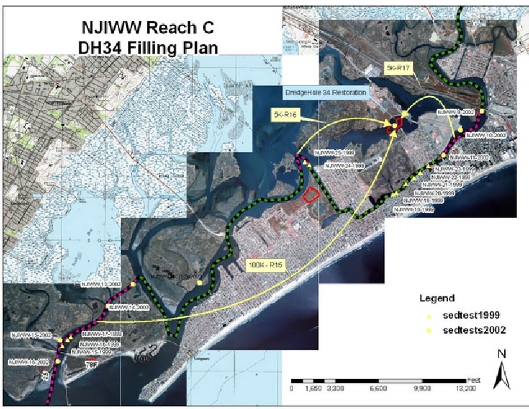 Aerial photograph depicts the project site for Dredge Hole 34 including the proposed dredged hole and dredged material locations.
