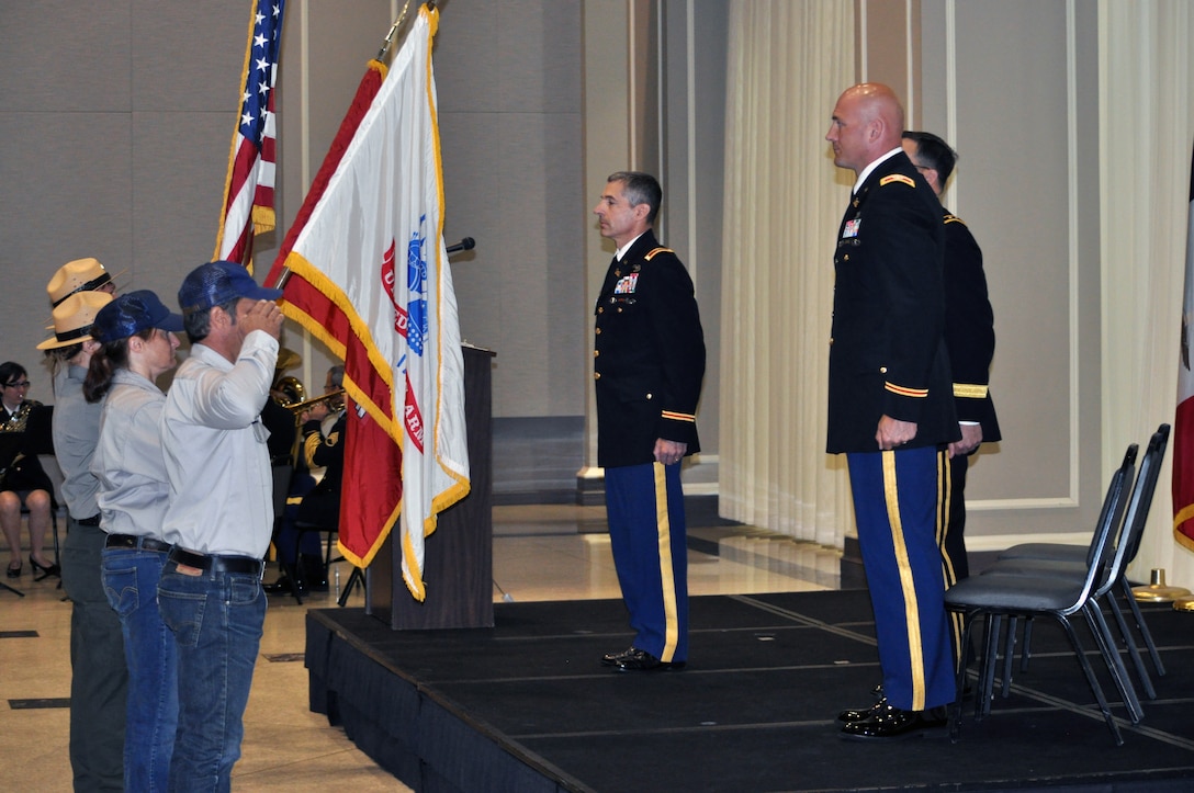 A color guard of multi-disciplined employees from the St. Paul District operations division present the colors during the change of command ceremony on June 19, 2013. During the ceremony, 
Col. Dan Koprowski took command of the district as the 64th district engineer.