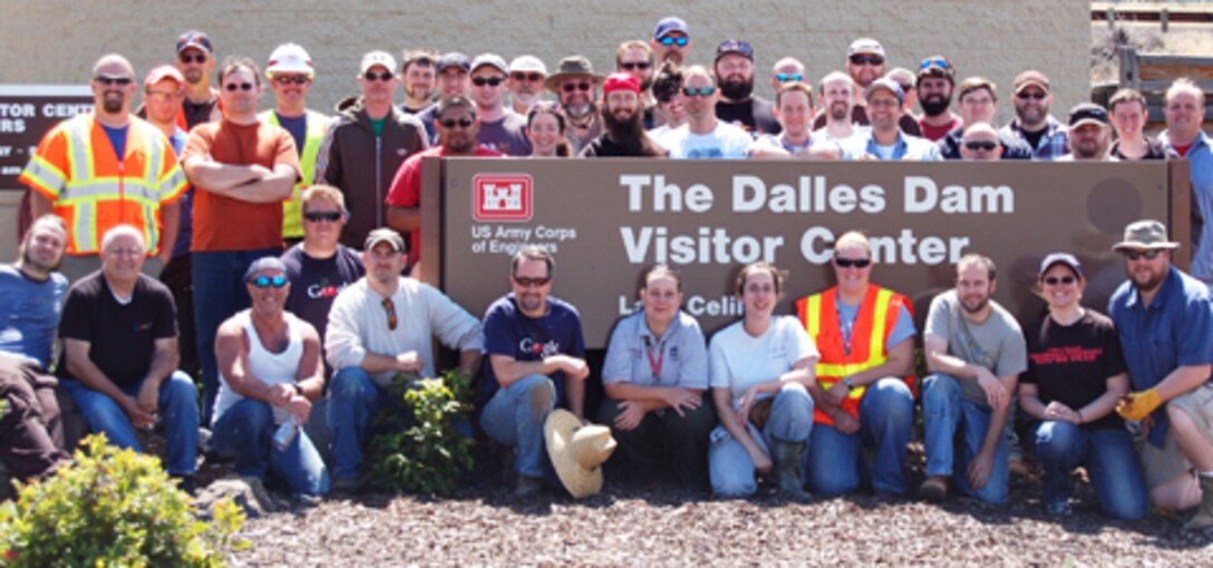 On June 12, 42 volunteers from Google worked on service projects at The Dalles Dam Visitor Center, Seufert Park and Patterson Park. The Googlers provided a total of 129 hours of labor, yielding more than $2,856 in savings to the U.S. Army Corps of Engineers. Park rangers and volunteers worked on painting guardrails and signposts; improving trails, draining Patterson Pond and scooping silt out; removing brush and debris; planting 37 native plants around the visitor center; and trimming and pulling weeds. Their hard work helped to beautify our parks, and allowed us to catch up on a backlog of maintenance items. Thank you, volunteers!