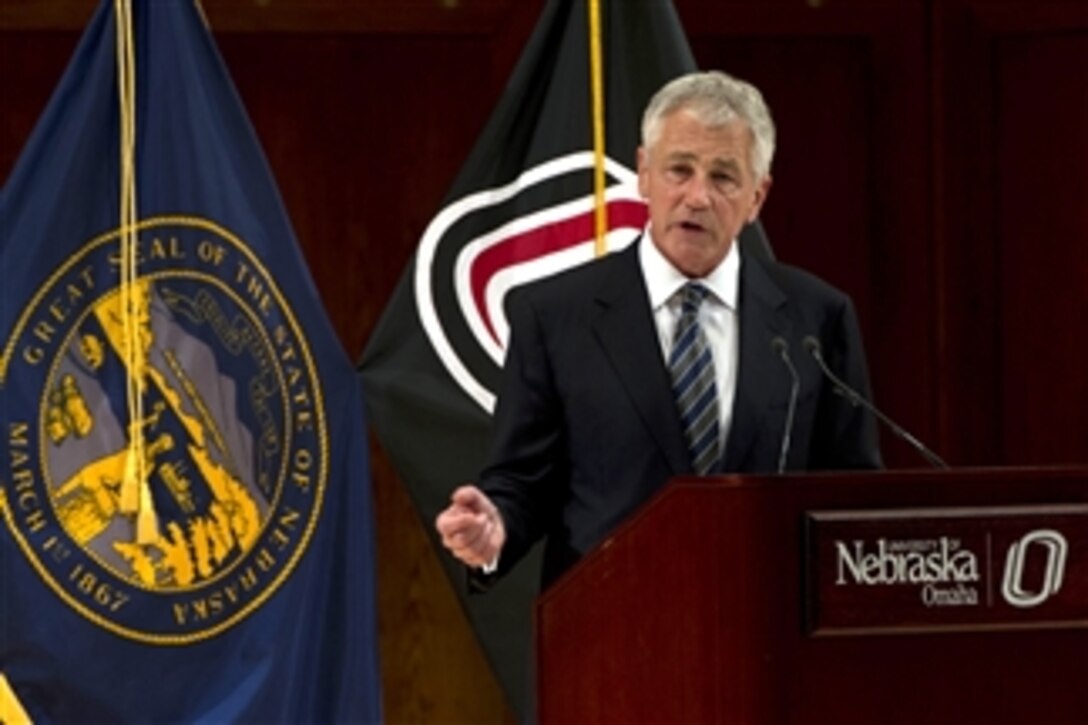 Secretary of Defense Chuck Hagel addresses the audience at the Strauss Performing Arts Center at the University of Nebraska Omaha, Neb., on June 19, 2013.    Hagel spoke about the new nuclear arms posture that President Obama delivered while in Berlin and how the U.S. Strategic Command, which is headquartered at nearby Offutt Air Force Base, will help implement the changes.  