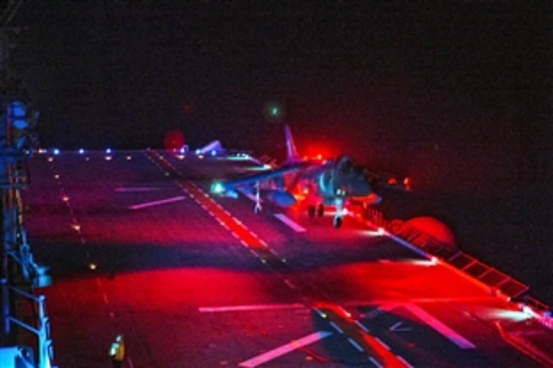 An A/V-8B Harrier lands on the flight deck of the amphibious assault ship USS Boxer in the Pacific Ocean, June 12, 2013. The Boxer is conducting predeployment training during Dawn Blitz, a scenario-driven exercise led by U.S. 3rd Fleet and 1st Marine Expeditionary Force to test participants in the planning and execution of amphibious operations.