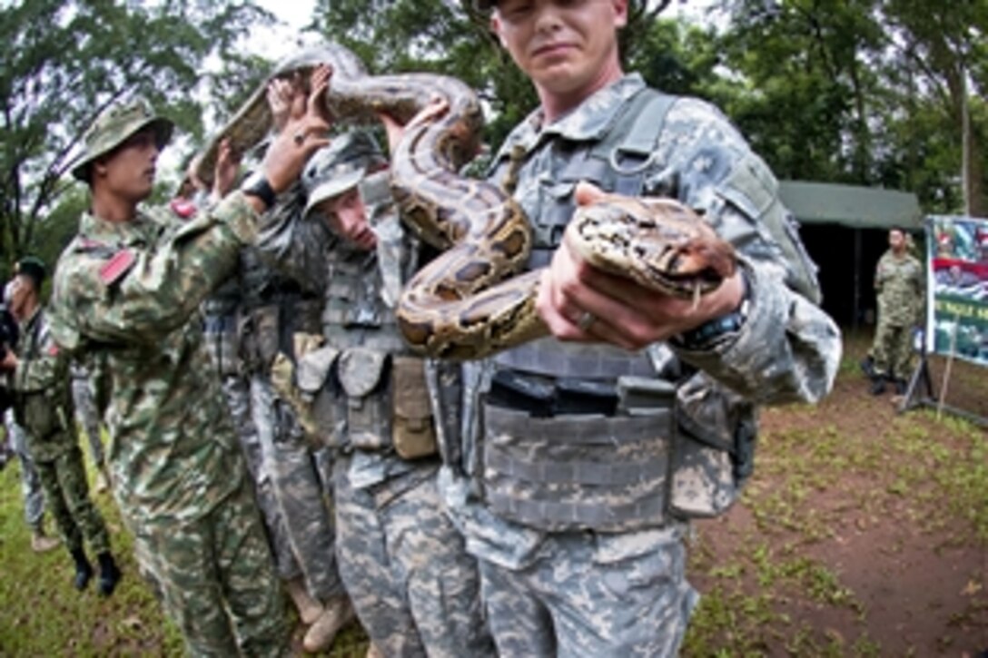 U.S. paratroopers hold a large python during jungle survival training taught by Indonesian army paratroopers during exercise Garuda Shield 2013 in Cilodong, Indonesia, June 12, 2013.
