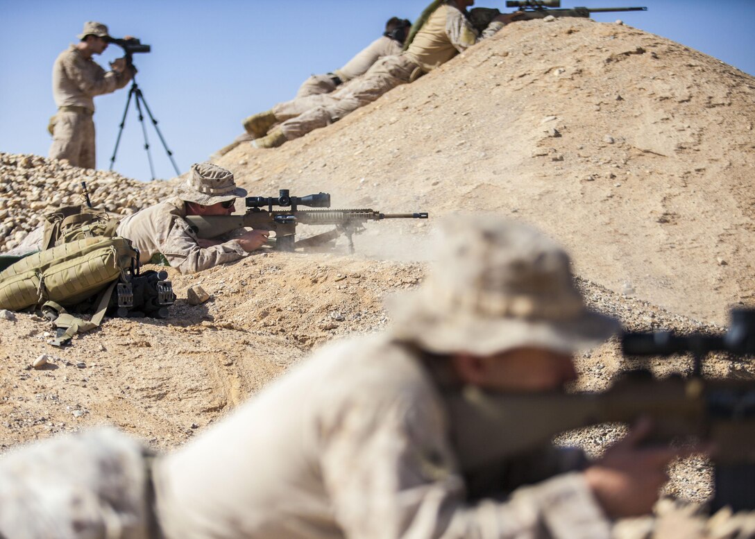 26th Marine Expeditionary Unit (MEU) Maritime Raid Force Marines engage long distance targets with various sniper rifles at a range in Jordan, June 10, 2013. Exercise Eager Lion 2013 is an annual, multinational exercise designed to strengthen military-to-military relationships and enhance security and stability in the region by responding to modern-day security scenarios. The 26th MEU is a Marine Air-Ground Task Force forward-deployed to the U.S. 5th Fleet area of responsibility aboard the Kearsarge Amphibious Ready Group serving as a sea-based, expeditionary crisis response force capable of conducting amphibious operations across the full range of military operations. (U.S. Marine Corps photograph by Sgt. Christopher Q. Stone, 26th MEU Combat Camera/Released)