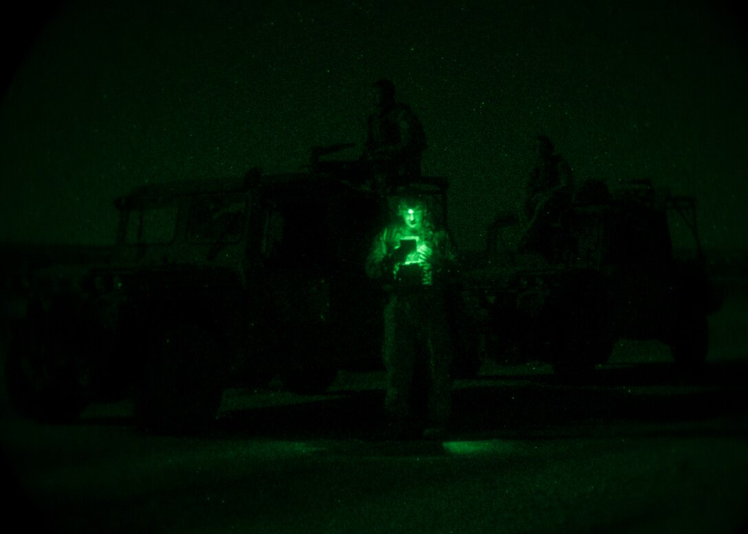 A 26th Marine Expeditionary Unit (MEU) Maritime Raid Force Marine calls in close air support during nighttime joint terminal attack control training with a UH-1N Huey and an AH-1W Super Cobra assigned to Marine Medium Tiltorotor Squadron (VMM) 266 (Reinforced), in Jordan, June 16, 2013. Exercise Eager Lion 2013 is an annual, multinational exercise designed to strengthen military-to-military relationships and enhance security and stability in the region by responding to realistic, modern-day security scenarios. The 26th MEU is a Marine Air-Ground Task Force forward-deployed to the U.S. 5th Fleet area of responsibility aboard the Kearsarge Amphibious Ready Group serving as a sea-based, expeditionary crisis response force capable of conducting amphibious operations across the full range of military operations. (U.S. Marine Corps photo by Sgt. Christopher Q. Stone, 26th MEU Combat Camera/Released)