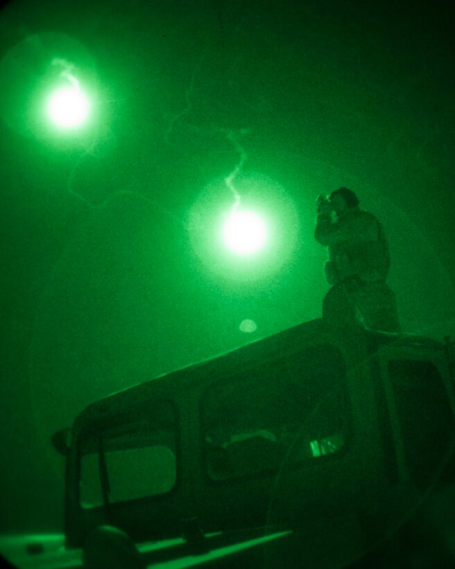 A 26th Marine Expeditionary Unit (MEU) Maritime Raid Force Marine observes a simulated hostile target while conducting nighttime joint terminal attack control training with a UH-1N Huey and an AH-1W Super Cobra assigned to Marine Medium Tiltorotor Squadron (VMM) 266 (Reinforced), in Jordan, June 16, 2013. Exercise Eager Lion 2013 is an annual, multinational exercise designed to strengthen military-to-military relationships and enhance security and stability in the region by responding to realistic, modern-day security scenarios. The 26th MEU is a Marine Air-Ground Task Force forward-deployed to the U.S. 5th Fleet area of responsibility aboard the Kearsarge Amphibious Ready Group serving as a sea-based, expeditionary crisis response force capable of conducting amphibious operations across the full range of military operations. (U.S. Marine Corps photo by Sgt. Christopher Q. Stone, 26th MEU Combat Camera/Released)