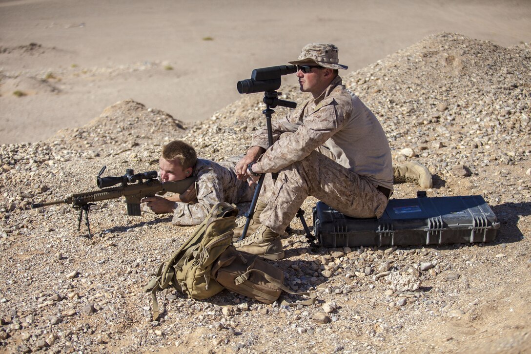 U.S. Marine Cpl. Rylan Wary, a native of Oklahoma City, Ok., 26th Marine Expeditionary Unit (MEU) C-130J Hercules crew chief, fires an M110 Semi-Automatic Sniper Rifle at a range in Jordan, June 19, 2013. Exercise Eager Lion 2013 is an annual, multinational exercise designed to strengthen military-to-military relationships and enhance security and stability in the region by responding to modern-day security scenarios. The 26th MEU is a Marine Air-Ground Task Force forward-deployed to the U.S. 5th Fleet area of responsibility aboard the Kearsarge Amphibious Ready Group serving as a sea-based, expeditionary crisis response force capable of conducting amphibious operations across the full  range of military operations. (U.S. Marine Corps photograph by Sgt. Christopher Q. Stone, 26th MEU Combat Camera/Released)
