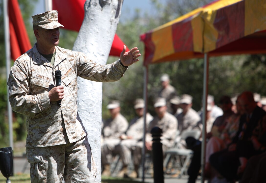 Colonel Randy J. Lawson, chief of staff 1st Marine Logistics Group, gives a farewell speech during his retirement ceremony aboard Camp Pendleton, Calif., June 20, 2013. Lawson, a native of Plaquemine, Louisiana, served more than 30 honorable years in the Marine Corps. (U.S. Marine Corps photo by Lance Cpl. Cody Haas/ Released)