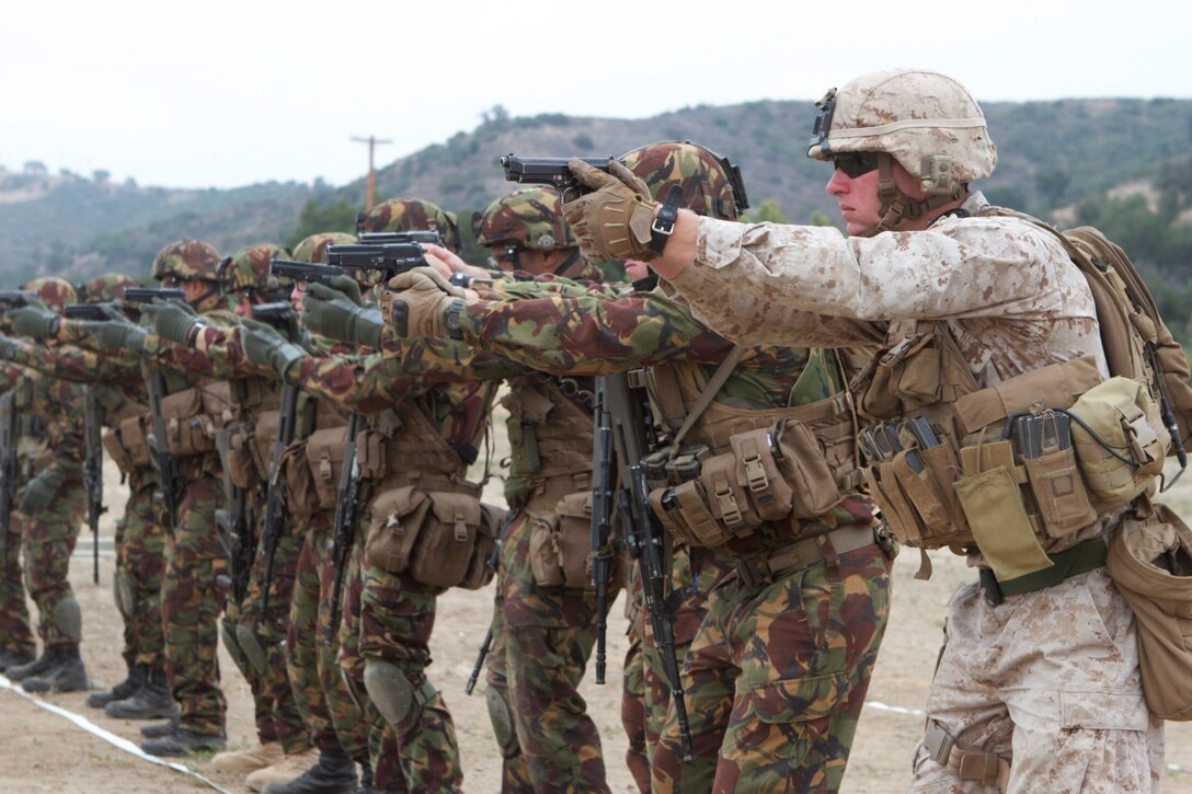 First Lt. Andrew Repko, the Charlie Company commander of 1st Battalion, 1st Marine Regiment, demonstrates the proper technique to engage targets with a pistol alongside New Zealand Army soldiers at Range 218 here during Dawn Blitz 2013, June 14. While at the range, the New Zealanders engaged targets with handguns and moved from barricade to barricade while engaging targets with  Steyr AUG assault rifles to simulate shooting in an urban environment. Dawn Blitz 2013 is a multinational amphibious exercise that promotes interoperability between the Navy and Marine Corps and coalition partners, June 11-28. Participating countries include Canada, Japan, New Zealand and military observers from seven countries.