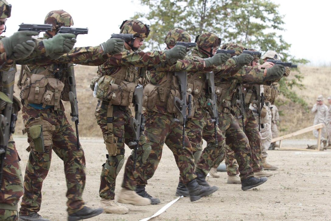 New Zealand Army soldiers engage targets while moving with SIG P226 pistols at Range 218 here during Dawn Blitz 2013, June 14. While at the range, the New Zealanders engaged targets with handguns and moved from barricade to barricade while engaging targets with Steyr AUG assault rifles to simulate shooting in an urban environment. Dawn Blitz 2013 is a multinational amphibious exercise that promotes interoperability between the Navy and Marine Corps and coalition partners, June 11-28. Participating countries include Canada, Japan, New Zealand and military observers from seven countries.