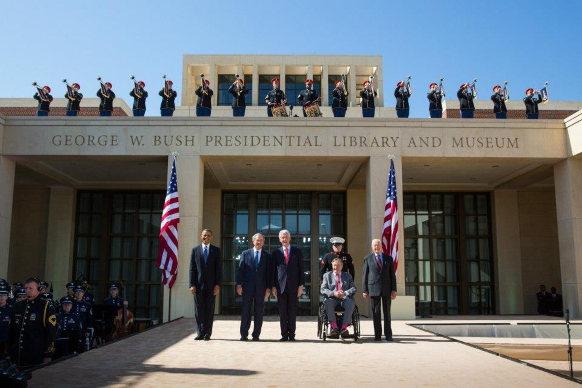 President Barack Obama, President George W. Bush, President Bill Clinton, President George H. W. Bush, and President Jimmy Carter arrive at the dedication of the George W. Bush Presidential Center.