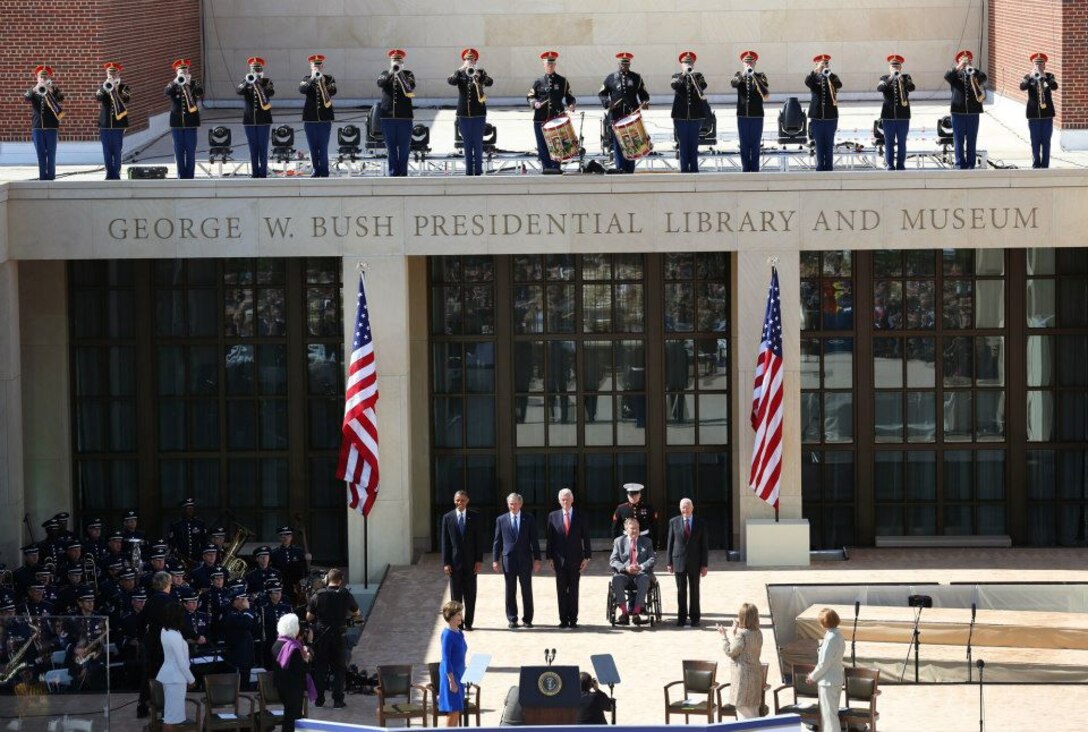 President Barack Obama, President George W. Bush, President Bill Clinton, President George H. W. Bush, and President Jimmy Carter arrive at the dedication of the George W. Bush Presidential Center.