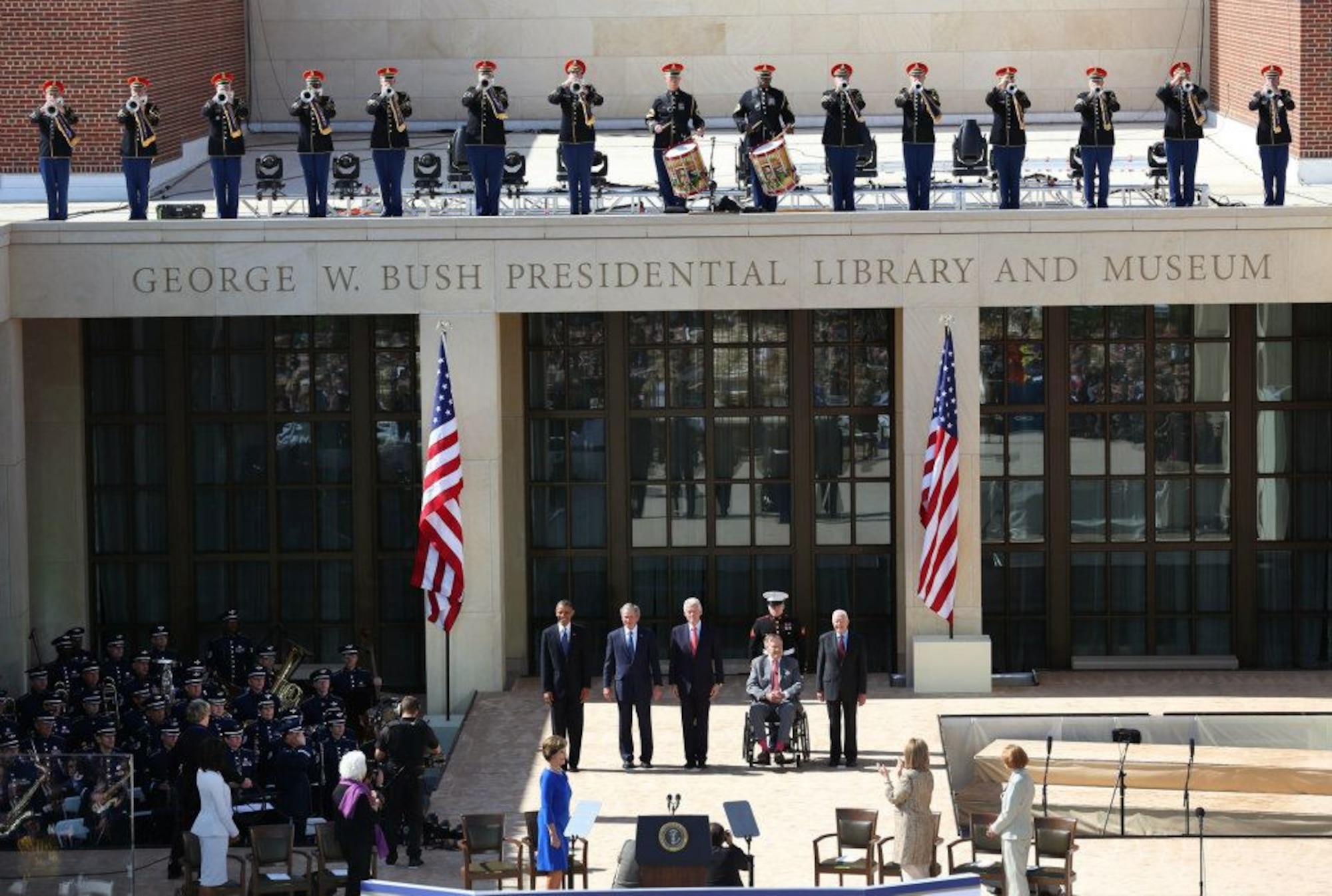 President Barack Obama, President George W. Bush, President Bill Clinton, President George H. W. Bush, and President Jimmy Carter arrive at the dedication of the George W. Bush Presidential Center.