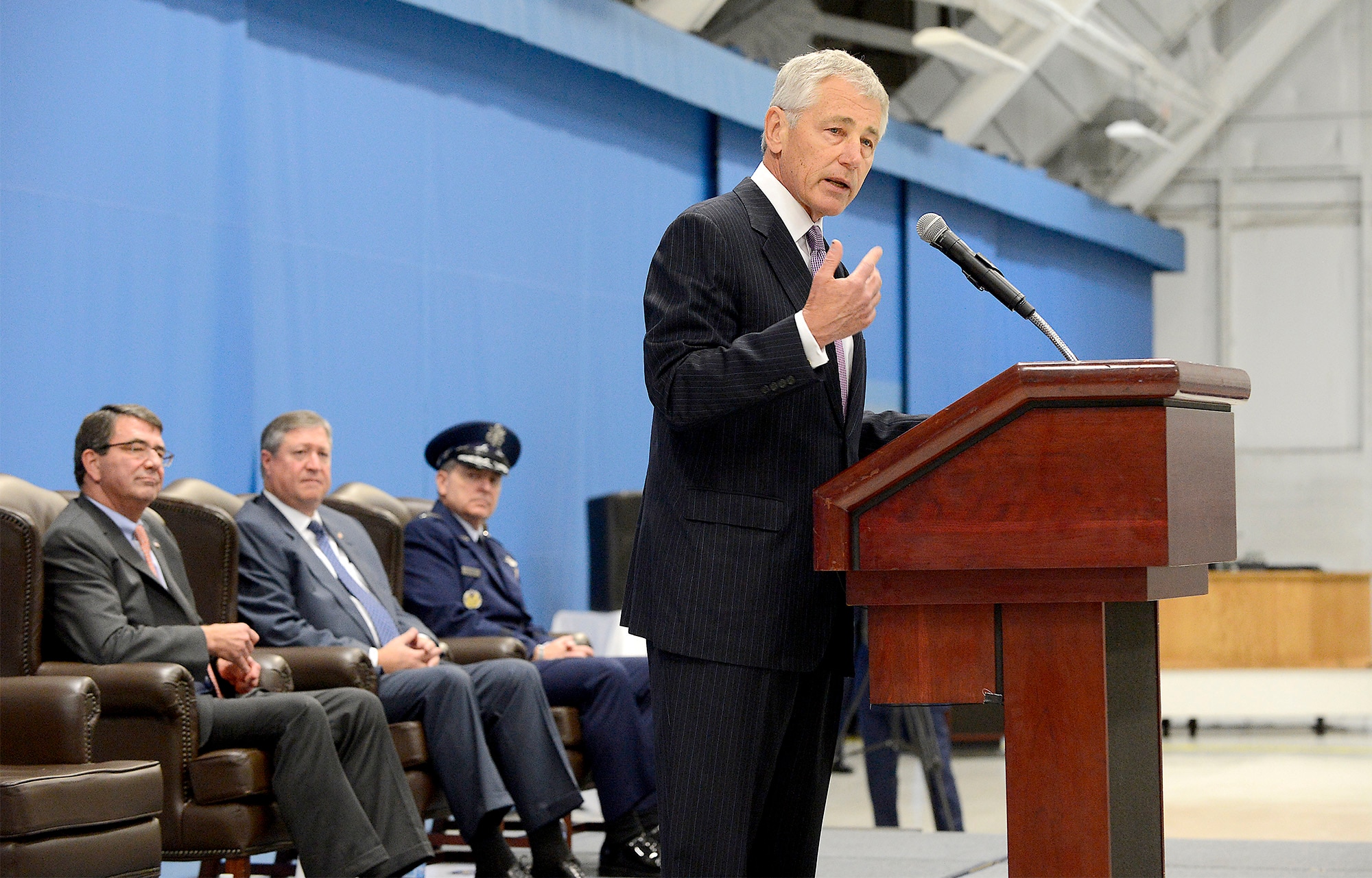 Secretary of Defense Chuck Hagel congratulates Secretary of the Air Force Michael Donley at a farewell ceremony in Donley's honor, June 21, 2013, at Joint Base Andrews, Md. Donley was confirmed as the 22nd secretary of the Air Force, Oct. 2, 2008. He had been serving as the acting secretary since June of that year, as well as for seven months in 1993, making him the longest-serving secretary of the Air Force in the serviceÕs history. Under Secretary of the Air Force Eric Fanning will serve as the acting secretary until the President nominates and the Senate confirms a replacement.  (U.S. Air Force photo/Scott M. Ash)