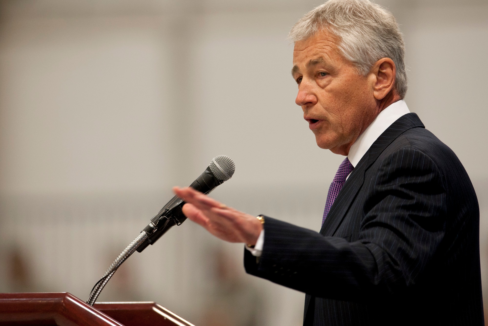 Secretary of Defense Chuck Hagel addresses the audience during a farewell ceremony in honor of Secretary of the Air Force Michael Donley, June 21, 2013, at Joint Base Andrews, Md. Donley was confirmed as the 22nd secretary of the Air Force, Oct. 2, 2008.  He had been serving as the acting secretary since June of that year, as well as for seven months in 1993, making him the longest-serving secretary of the Air Force in the service’s history. Under Secretary of the Air Force Eric Fanning will assume the role of acting secretary until the President nominates and the Senate confirms a replacement.  (U.S. Air Force photo/Senior Airman Carlin Leslie)
