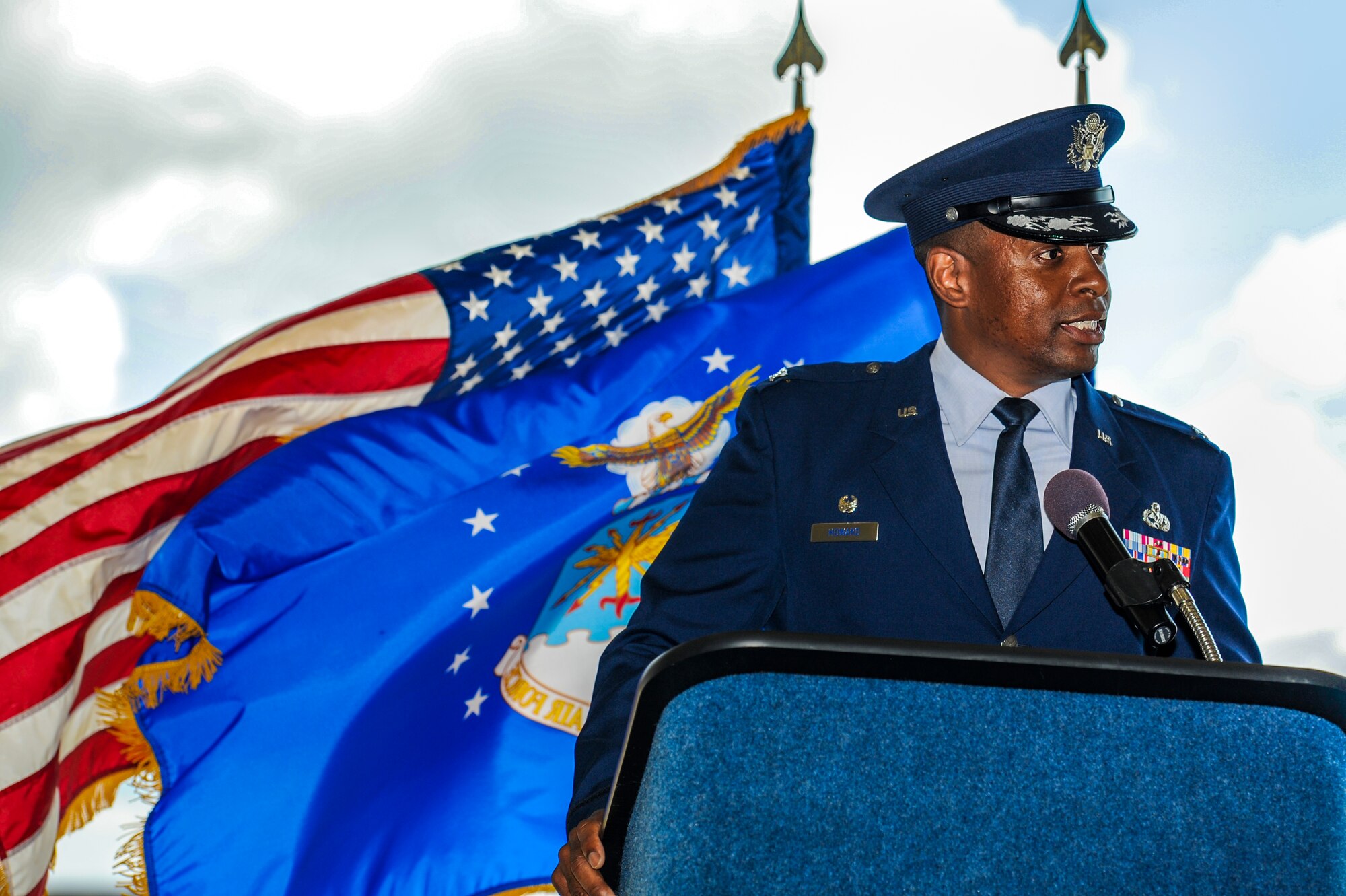 Col. Kevin Howard, 1st Special Operations Maintenance Group commander, speaks to the crowd during a change of command ceremony at the Shadow Nose Dock Hangar on Hurlburt Field, Fla., June 21, 2013. The 1st Special Operations Maintenance Squadron conducts special operations airlift, helicopter air refueling and psychological operations throughout the United States, South America, Africa and Middle East. (U.S. Air Force photo/Airman 1st Class Christopher Callaway)