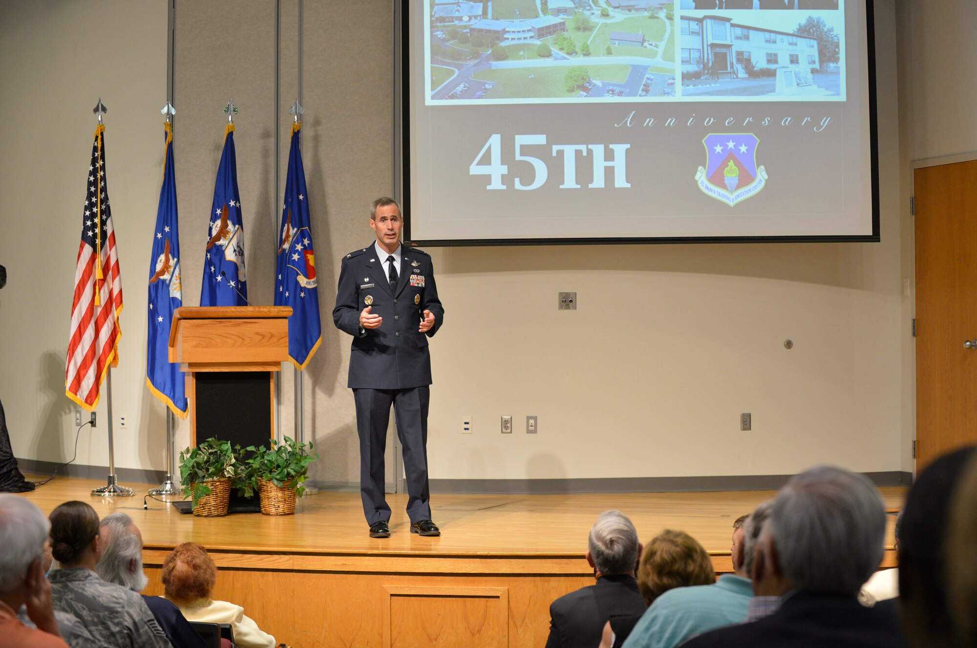 MCGHEE TYSON AIR NATIONAL GUARD BASE, Tenn. – Col. Timothy J. Cathcart, commander, I.G. Brown Training and Education Center reflects on the organization’s accomplishments and points out its future at its 45th anniversary in front of former faculty and staff, their families and current staff members in Spruance Hall here, June 21, 2013. (U.S. Air National Guard photo by Master Sgt. Kurt Skoglund/Released)