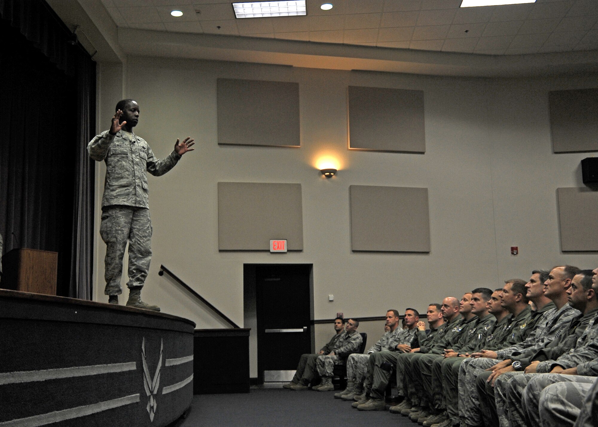 Gen. Edward A. Rice Jr., Commander, Air Education and Training Command addresses members of the 14th Flying Training Wing during an All Call held June 18 at the Columbus Air Force Base Kaye Auditorium. During the call, Rice spoke about the importance of maintaining Airmen’s time, the problem of sexual assault in the Air Force among other hot topics in the service. (U.S. Air Force Photo/Tech. Sgt. Bryan Franks)