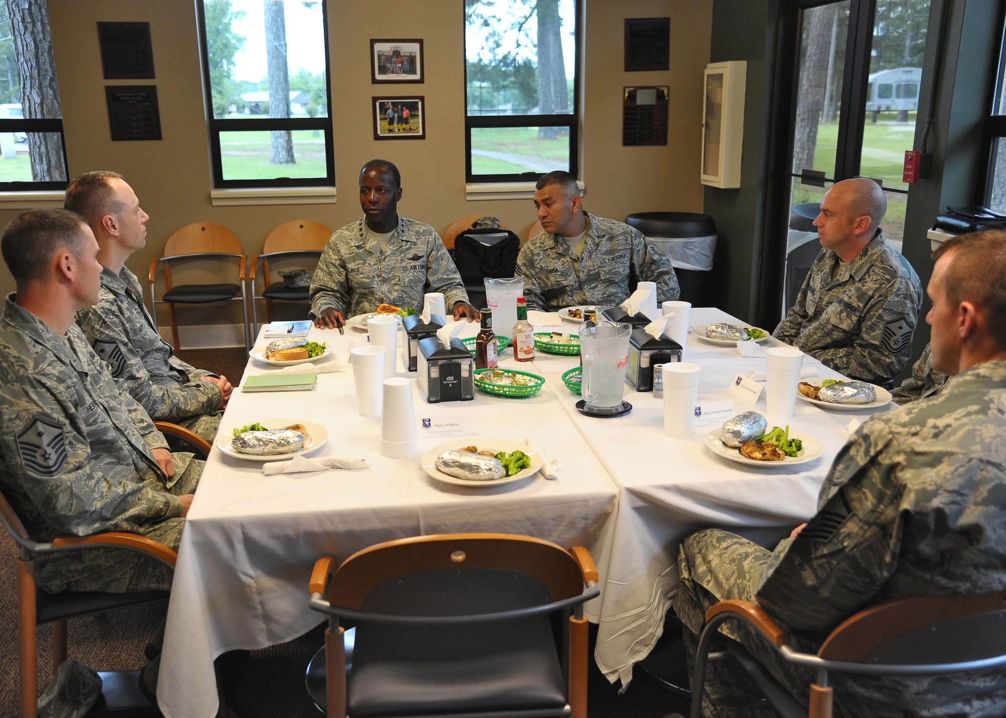 Gen. Edward A. Rice Jr., Commander, Air Education and Training Command, and Chief Master Sgt. Gerardo Tapia, AETC Command Chief, speak to the Columbus Air Force Base first sergeants to gather their perspectives on sexual assault and leadership involvement in counteracting the problem, ways to balance the Cost Conscious Culture initiative and Airmen’s time as well as other current Air Force issues. Rice and Tapia spoke with several small groups around Columbus AFB during their visit June 17 and 18 to get personalized responses to important issues throughout the Air Force. (U.S. Air Force Photo/Airman 1st Class Charles Dickens)