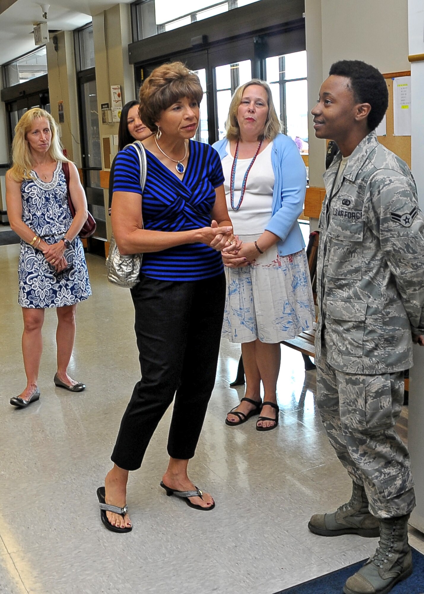 Teresa Rice, wife of Gen. Edward A. Rice Jr., Commander, Air Education and Training Command, asks Airman 1st Class Juliana White, 14th Comptroller Squadron, about her experience with the Ten Dollars a Day program that she attended through the First Term Airman Center during her Commissary tour June 18. The Ten Dollars a Day program shows Airman how to eat three well balanced meals a day while staying within their Basic Allowance for Subsistence. The program started after Teresa Rice’s last visit and has been featured in the Defense Commissary Agency’s magazine. (U.S. Air Force Photo/Airman 1st Class Stephanie Englar)