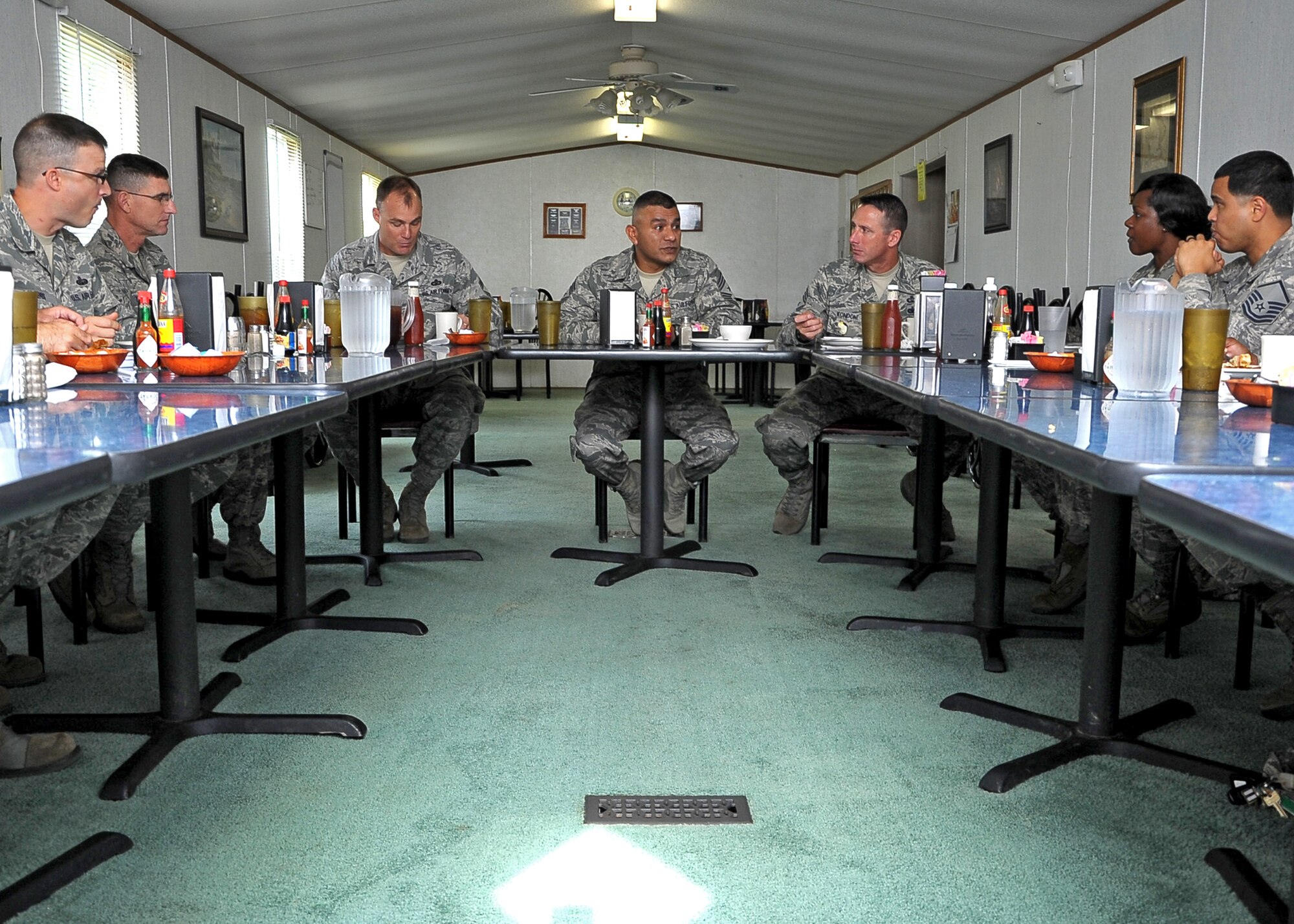 Chief Master Sgt. Gerardo Tapia, Command Chief, Air Education and Training Command speaks to a group of senior noncommissioned officers during a breakfast held at The Little Kitchen in Columbus, Miss. June 18.  The commander and command chief of AETC visited Columbus Air Force Base to interact with small groups of Airmen around base to get a wider perspective of Air Force issues.  (U.S. Air Force Photo/Airman 1st Class Stephanie Englar)
