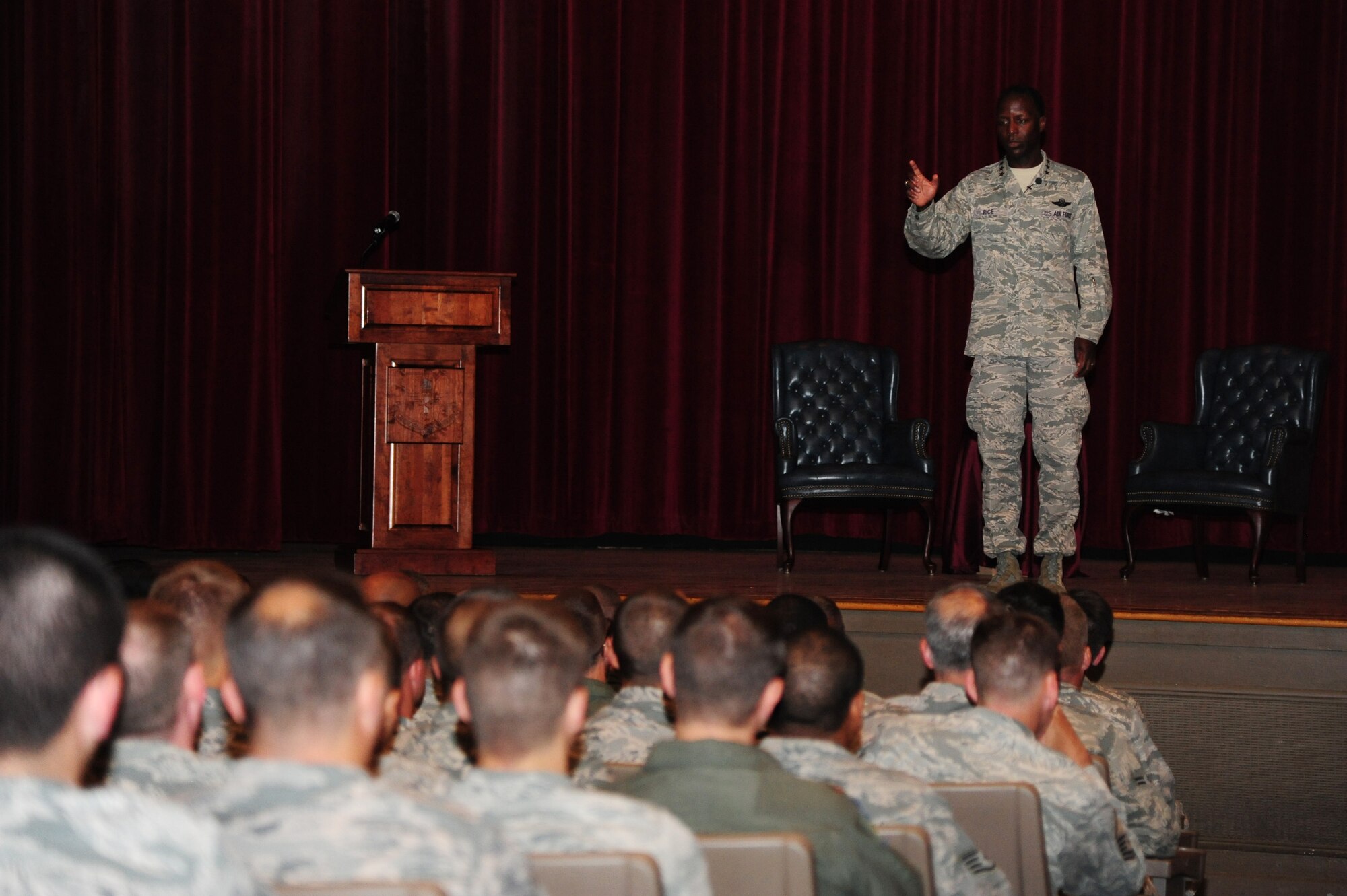 Gen. Edward A. Rice Jr., Air Education and Training Command commander, and Chief Master Sgt. Geraldo Tapia, Air Education and Training Command command chief, hold an all call with AETC Airmen and Team Little Rock personnel, June 19, 2013, at Little Rock Air Force Base, Ark. During the all call Rice and Tapia discussed issues ranging from tuition assistance, professional military education to sexual assault awareness. (U.S. Air Force photo by Airman 1st Class Kaylee Clark)