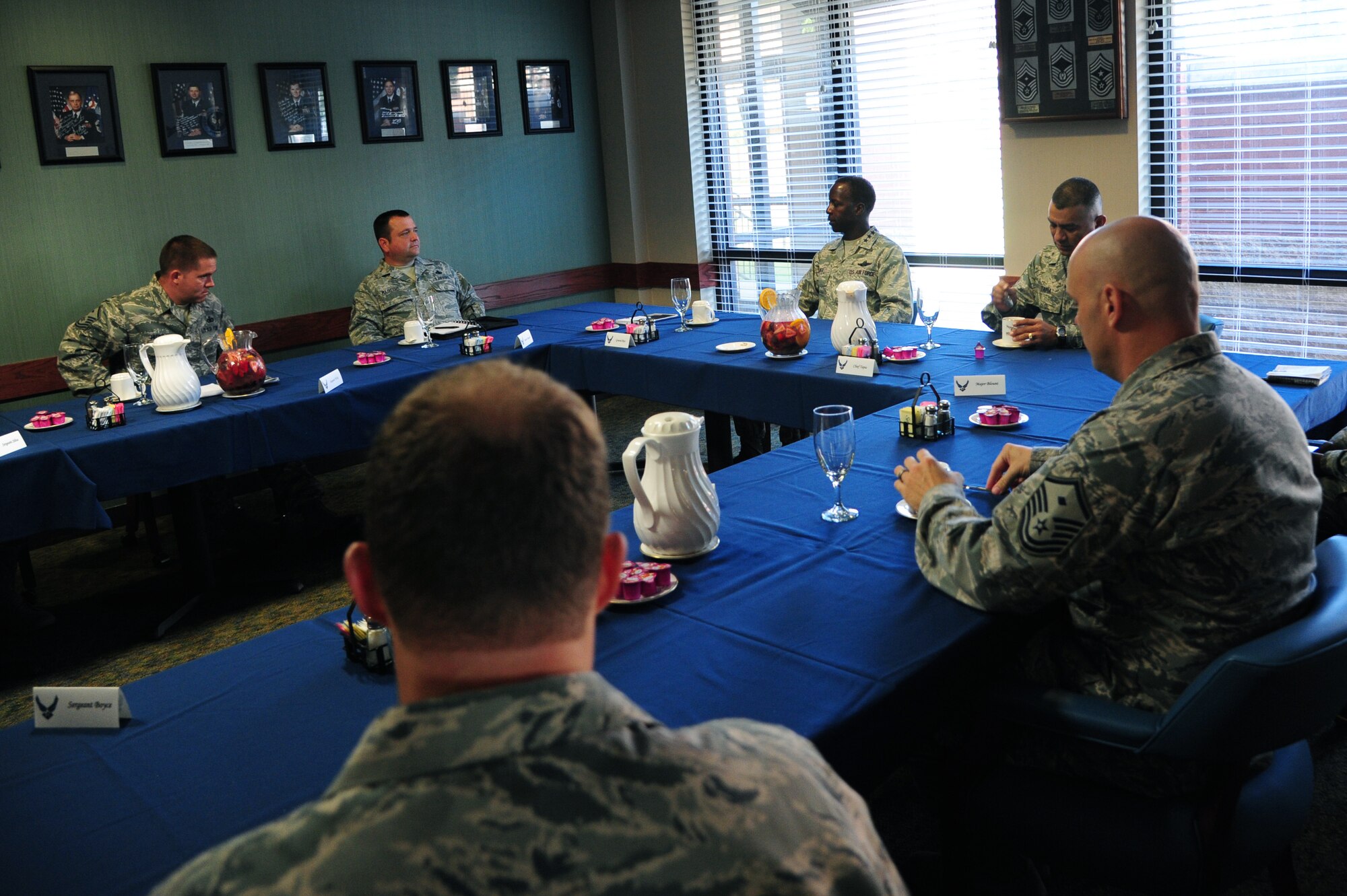 Gen. Edward A. Rice Jr., Air Education and Training Command commander, and Chief Master Sgt. Geraldo Tapia, Air Education and Training Command command chief, discuss key issues during a small group meeting with 314th Airlift Wing first sergeants, June 19, 2013, at Little Rock Air Force Base, Ark. Rice conducted five small group sessions with junior enlisted to company grade officers. (U.S. Air Force photo by Airman 1st Class Kaylee Clark)