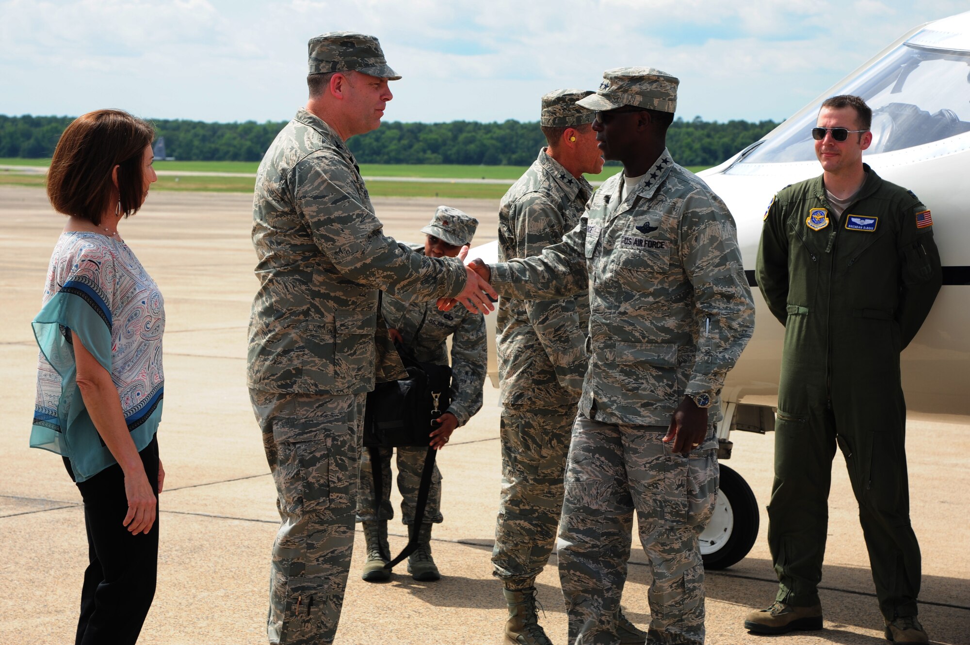Gen. Edward A. Rice Jr., Air Education and Training Command commander, is welcomed by the 314th Airlift Wing commander Col. Scott Brewer, as they arrive, June 18, 2013, at Little Rock Air Force Base, Ark. Rice visited the base to interact with Airmen and see the Team Little Rock mission first hand. (U.S. Air Force photo by Airman 1st Class Kaylee Clark)