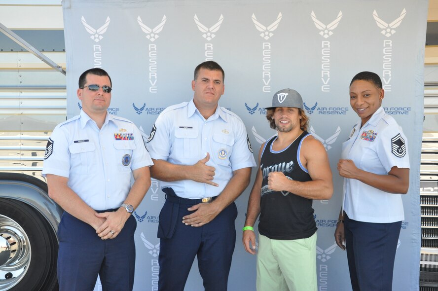 940th Wing recruiters and UFC fighter and Sacramento native, Urijah Faber, attended the Golden West Regional Fly-In and Airshow at the Yuba County Airport June 7-9. Golden West brings aviation enthusiasts from all over the West gathering to celebrate their shared love of flight and celebrate the future of aviation technology. (U,S. Air Force Photo/Capt Joe Simms)