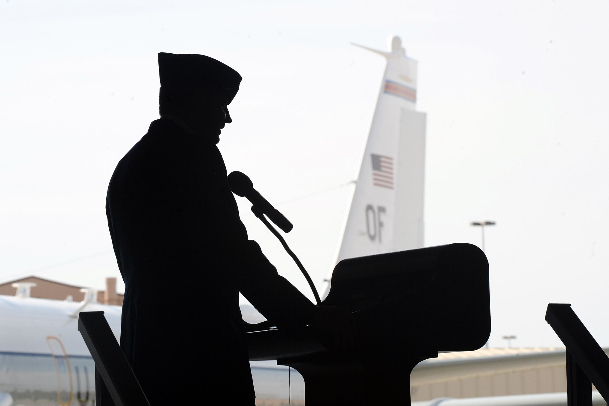 U.S. Air Force Lt. Gen. Robin Rand, 12th Air Force commander, presides over the 55th Wing’s change-of-command ceremony inside of dock one of the Bennie Davis Maintenance Facility.  Rauch relinquished command to U.S. Air Force Col. Gregory Guillot. (U.S. Air Force photo by Josh Plueger/Released)