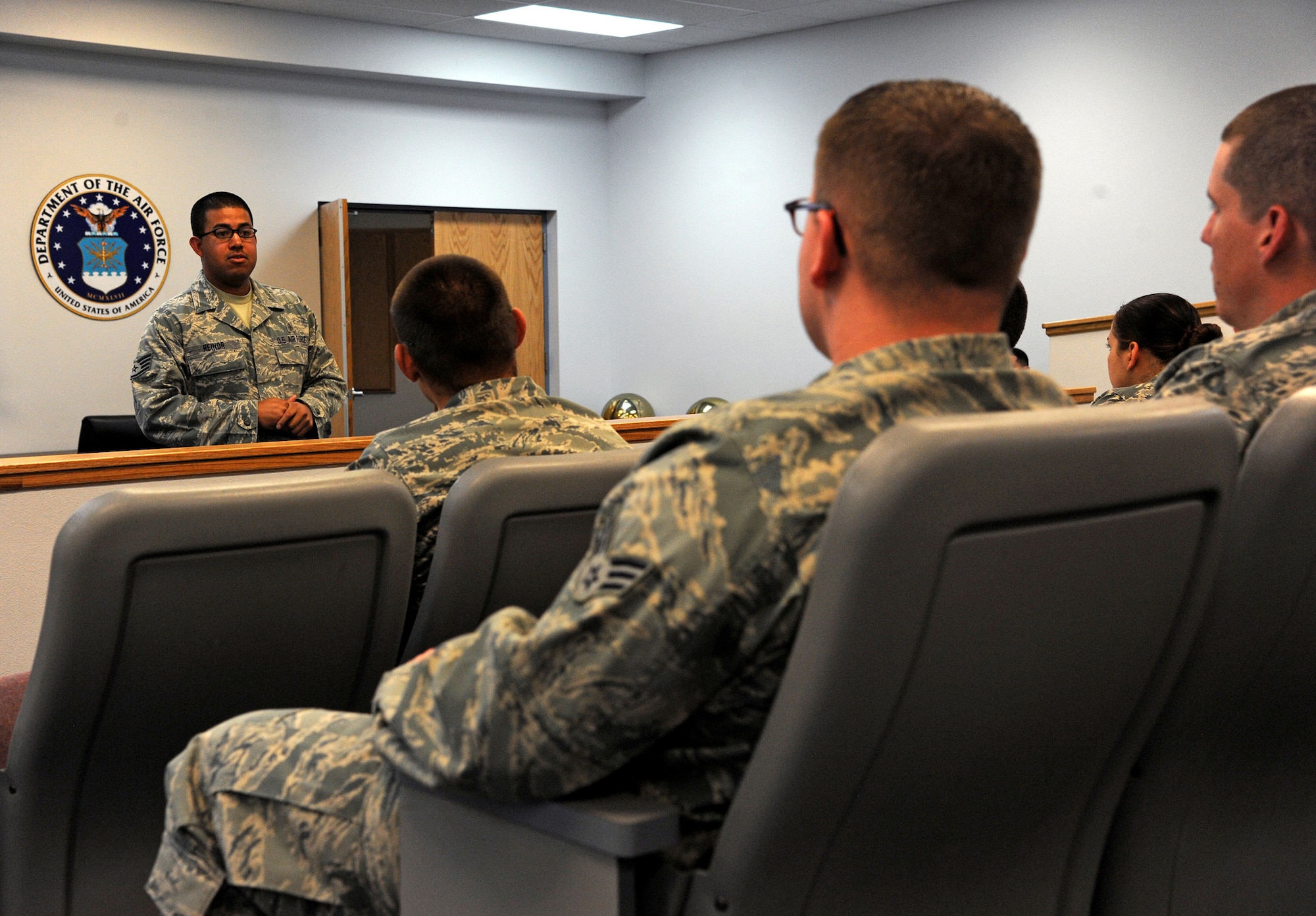 Staff Sgt. Hugo Reinor, 341st Medical Group physical therapy technician, shares personal experiences from his below-the-zone promotion board before more than a dozen Airmen who attended the first-ever “BTZ & Beyond” session June 17 at Malmstrom Air Force Base. Reinor was one of four Malmstrom 5/6 Alliance Mentor Program members who provided BTZ preparation tips to help educate Airmen. (U.S. Air Force photo by/Staff Sgt. R.J. Biermann)