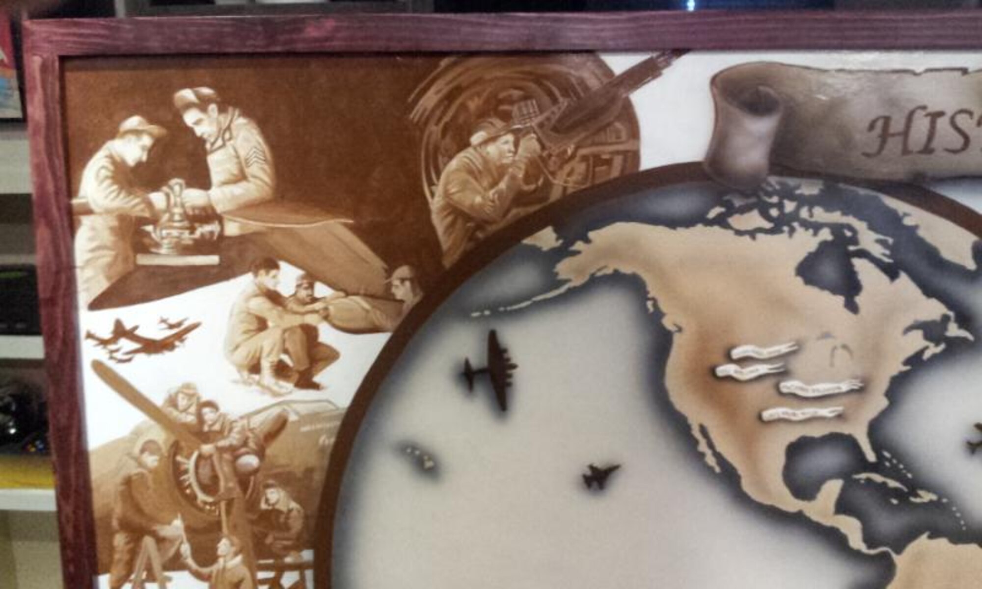 The upper left corner of a mural painted on maisonette board depicts one of the earliest periods of the 388th Fighter Wing as mechanics and maintainers keep the wing’s aircraft ready. The mural was created to hang in the 388th Fighter Wing flight room at the Airman Leadership School at Hill Air Force Base, Utah.  (U.S. Air Force photo/Senior Master Sgt. Gary Trejo)