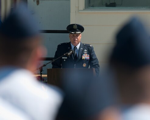 Col. Travis Condon, 90th Mission Support Group commander, addresses his Airmen shortly after taking command during a ceremony on F. E. Warren Air Force Base June 18, 2013. (U.S. Air Force photo by R.J. Oriez)