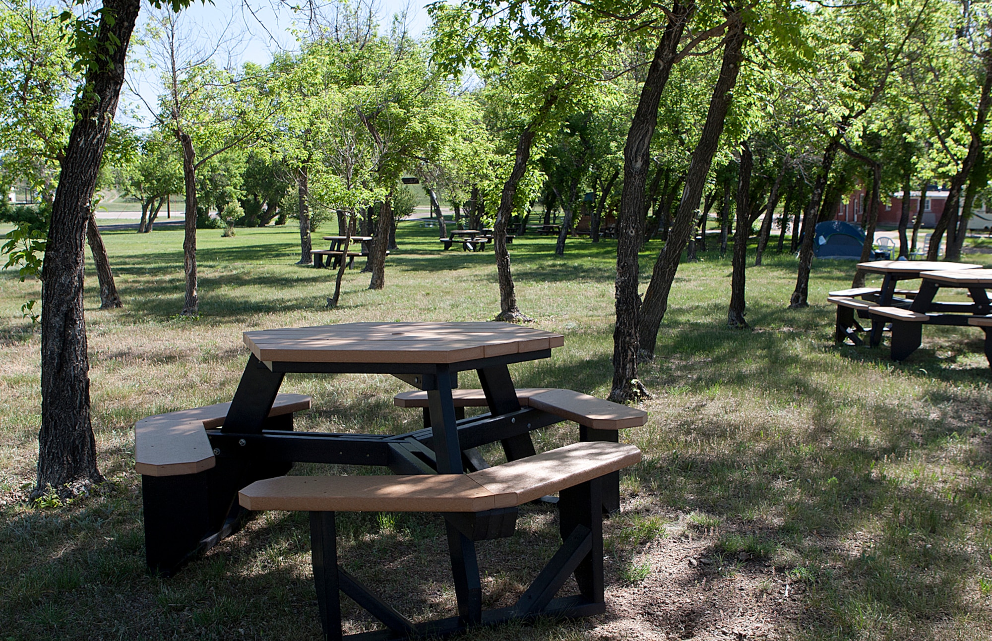 At the Family Camp on F.E. Warren Air Force Base, there is an abundance of outdoor seating perfect for a picnic, whether you are staying overnight or just want to come down for a nice outdoor meal. (U.S. Air Force photo by Matt Bilden)